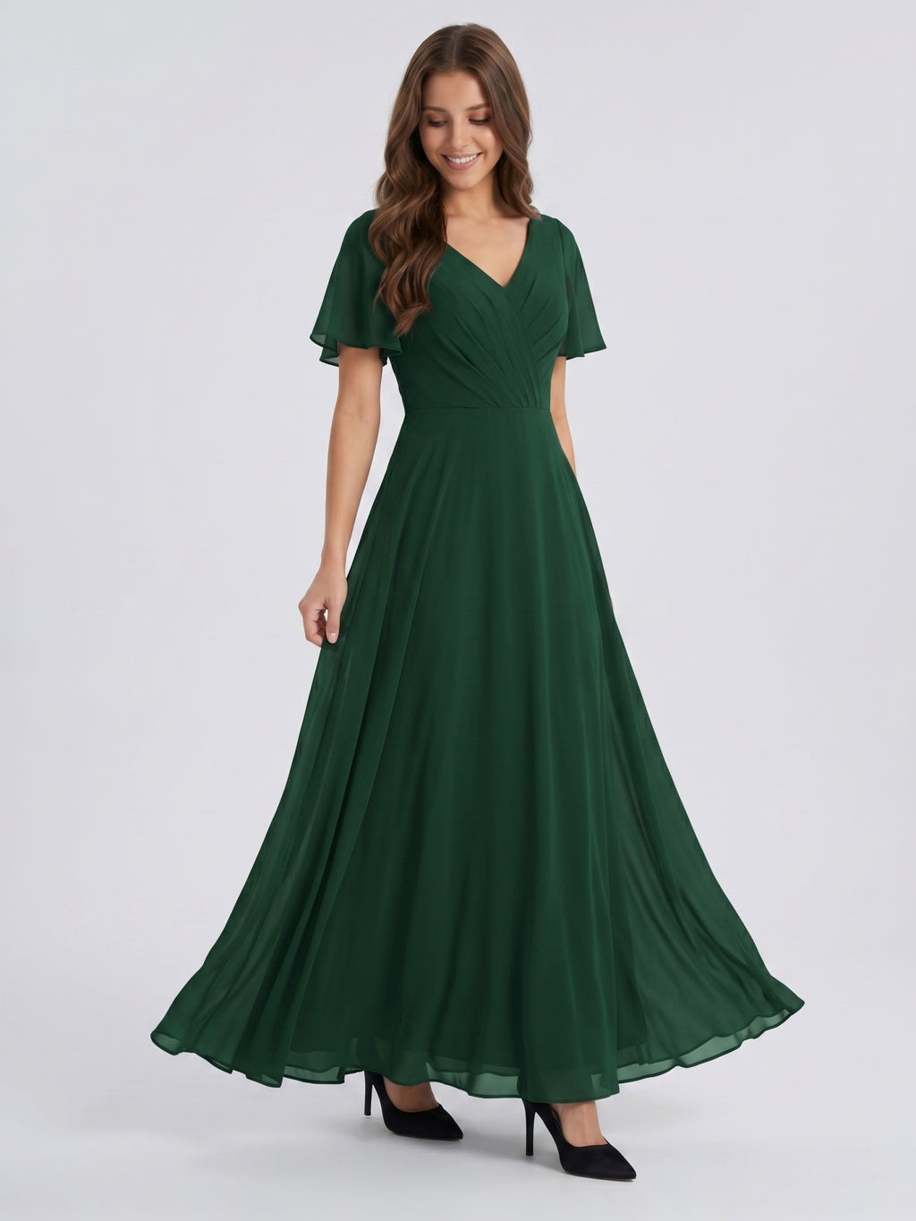 Forest Green Chiffon A-Line V-Neck V-Back Floor-Length Bridesmaid Dress