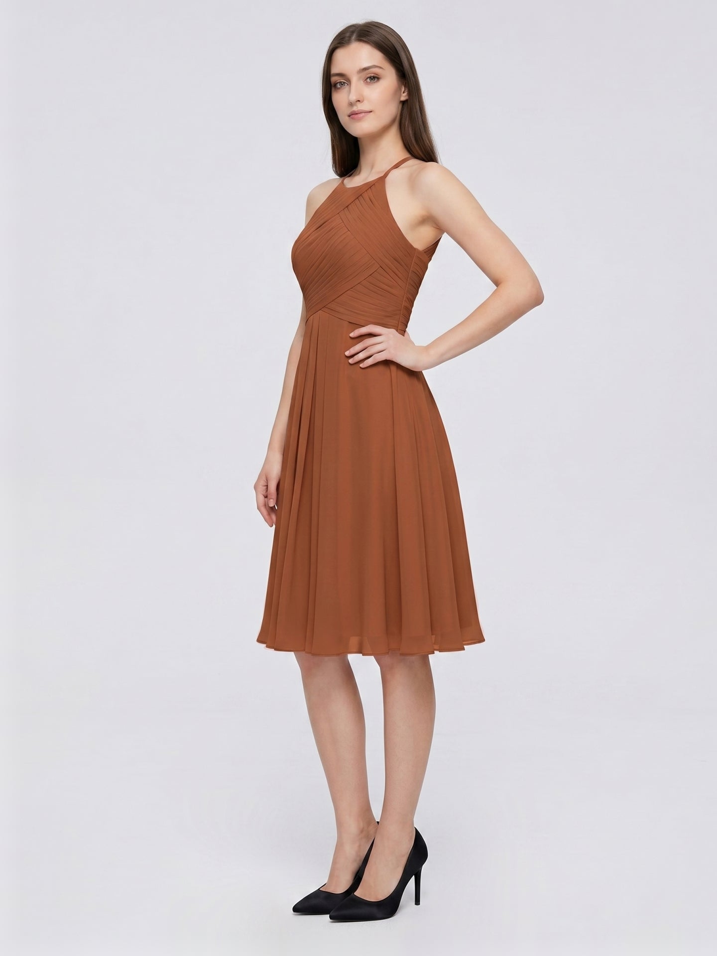 Terracotta Chiffon A-Line Halter Keyhole Back Knee-Length Pleated Bridesmaid Dress