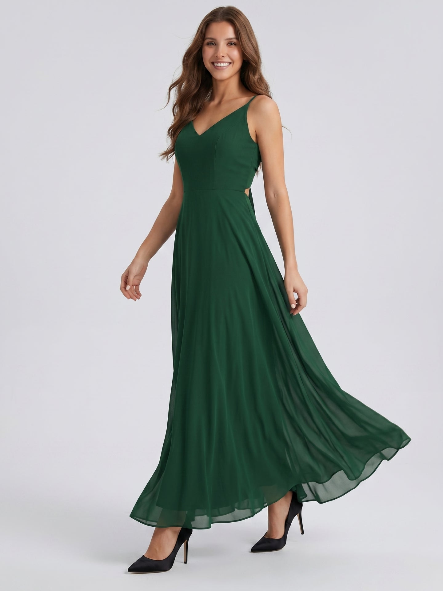 Forest Green Chiffon A-Line V-Neck Bow Back Floor-Length Bridesmaid Dress with Bow