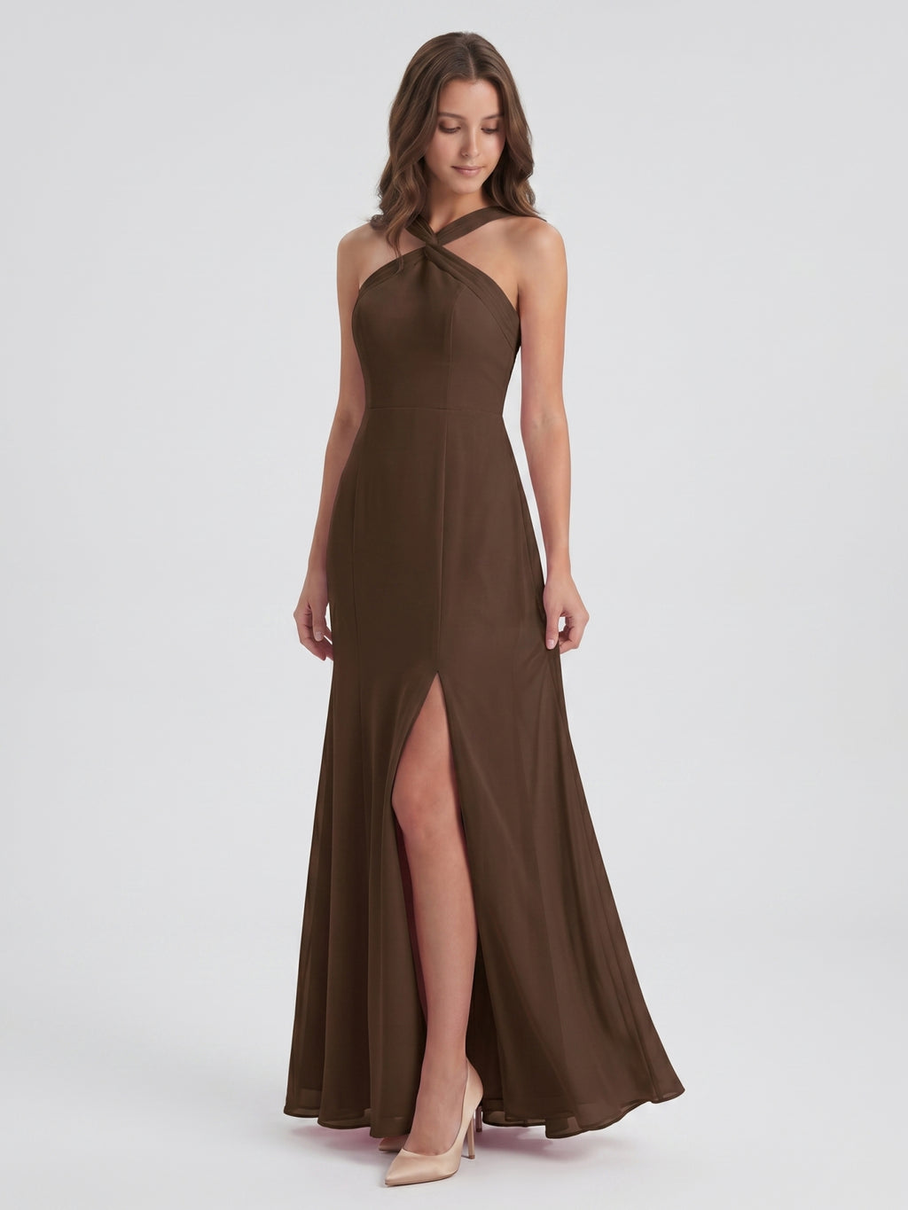 Mocha Chiffon Trumpet Halter Keyhole Back Ankle-Length Bridesmaid Dress