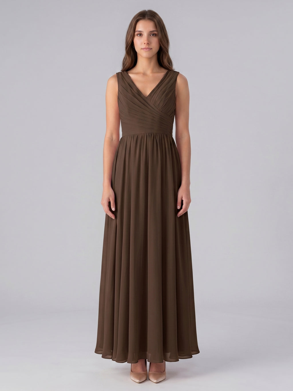 Mocha Chiffon A-Line V-Neck Back Zip Floor-Length Pleated Bridesmaid Dress