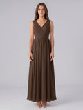 Mocha Chiffon A-Line V-Neck Back Zip Floor-Length Pleated Bridesmaid Dress