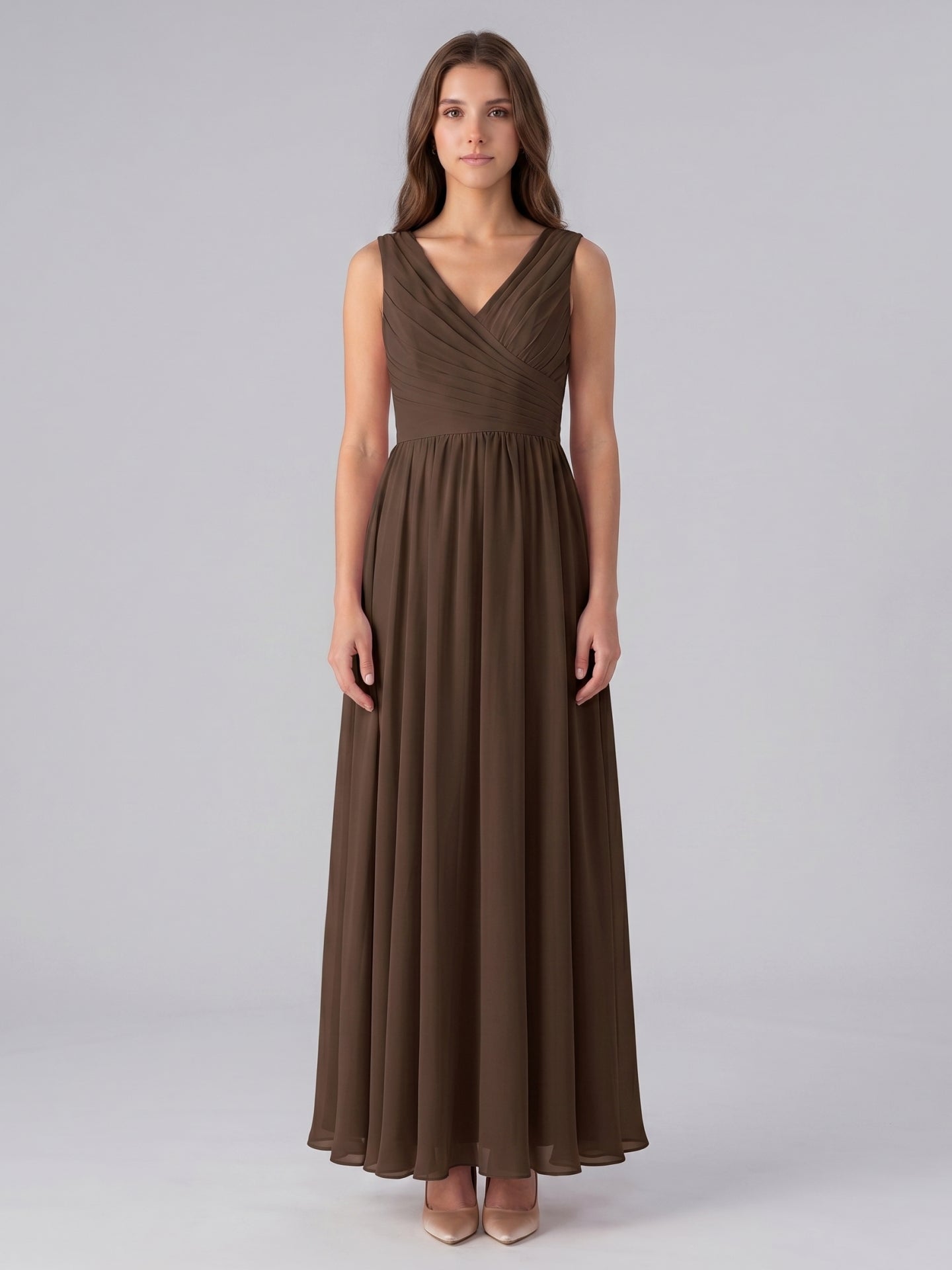 Mocha Chiffon A-Line V-Neck Back Zip Floor-Length Pleated Bridesmaid Dress