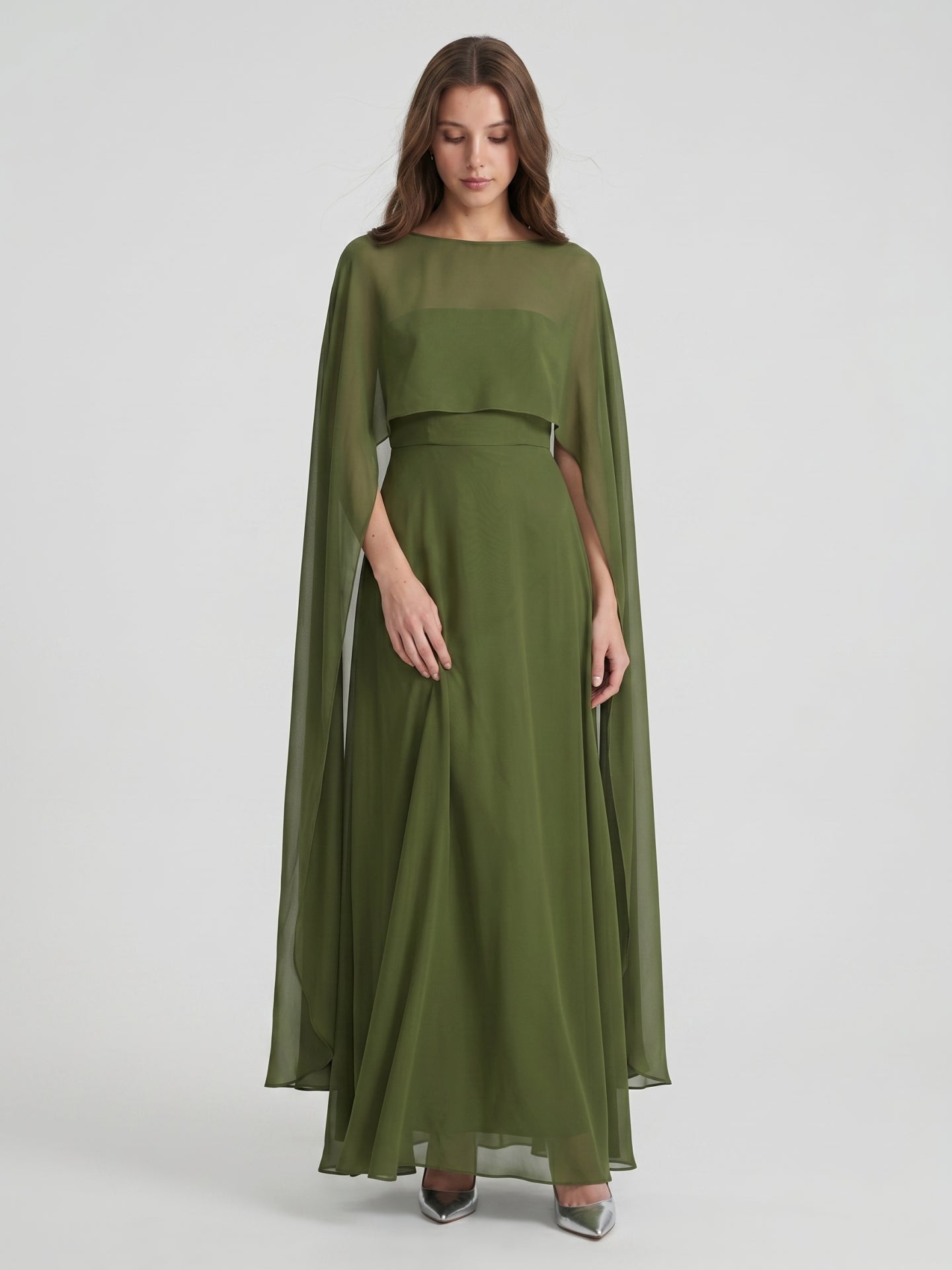 Olive Green Chiffon A-Line Straight Neck Illusion Back Floor-Length Bridesmaid Dress with Cape