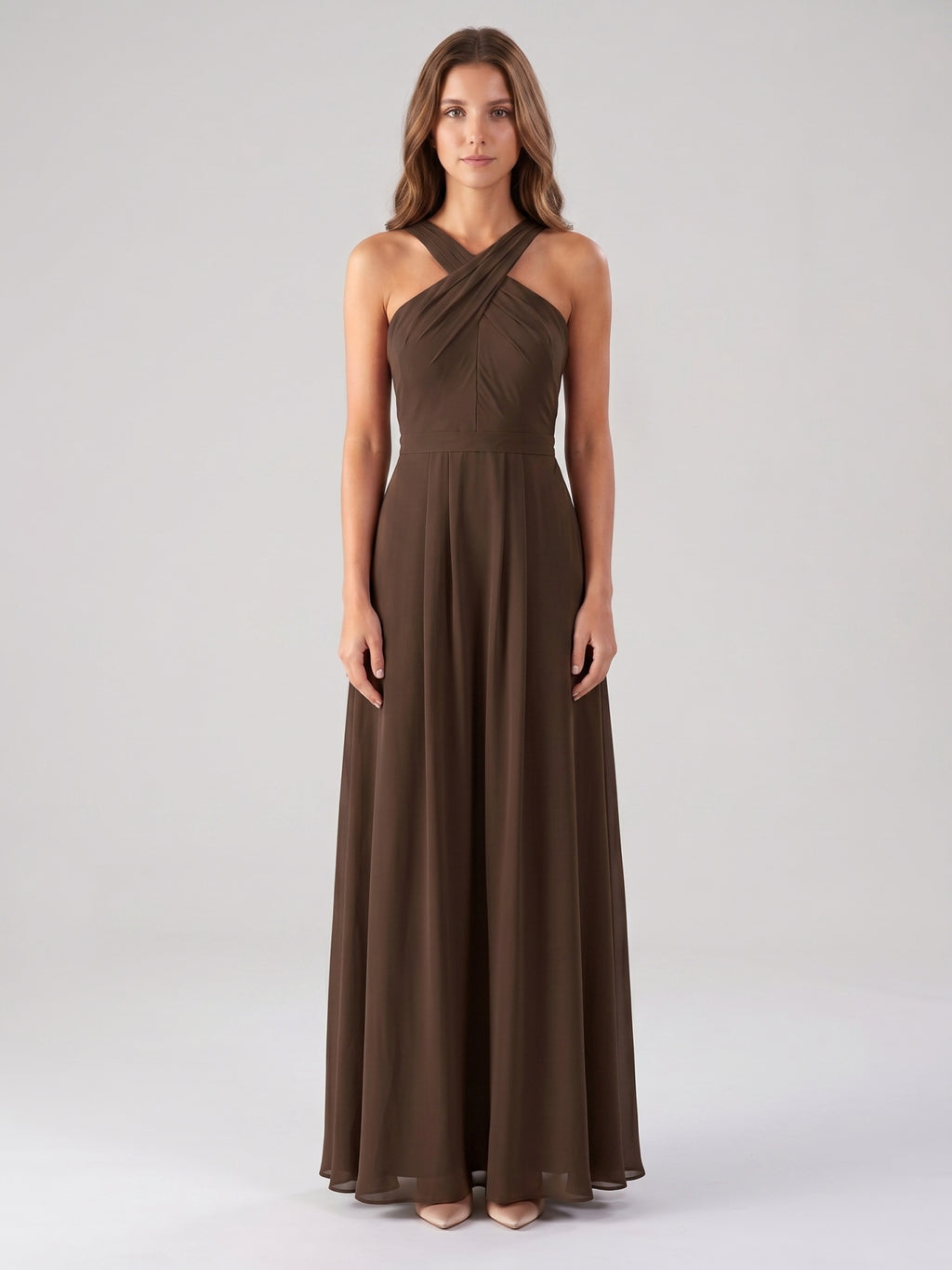 Mocha Chiffon A-Line Halter Backless Floor-Length Bridesmaid Dress with Pockets