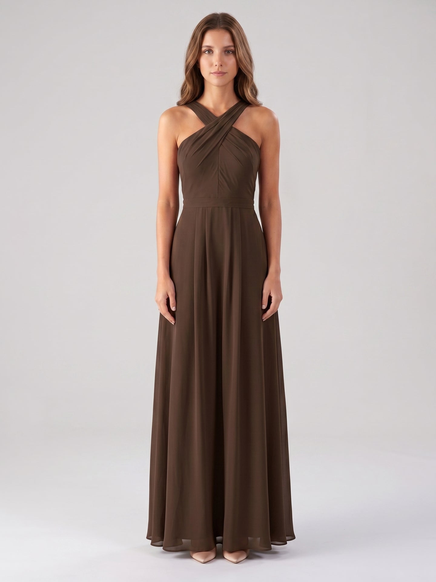 Mocha Chiffon A-Line Halter Backless Floor-Length Bridesmaid Dress with Pockets