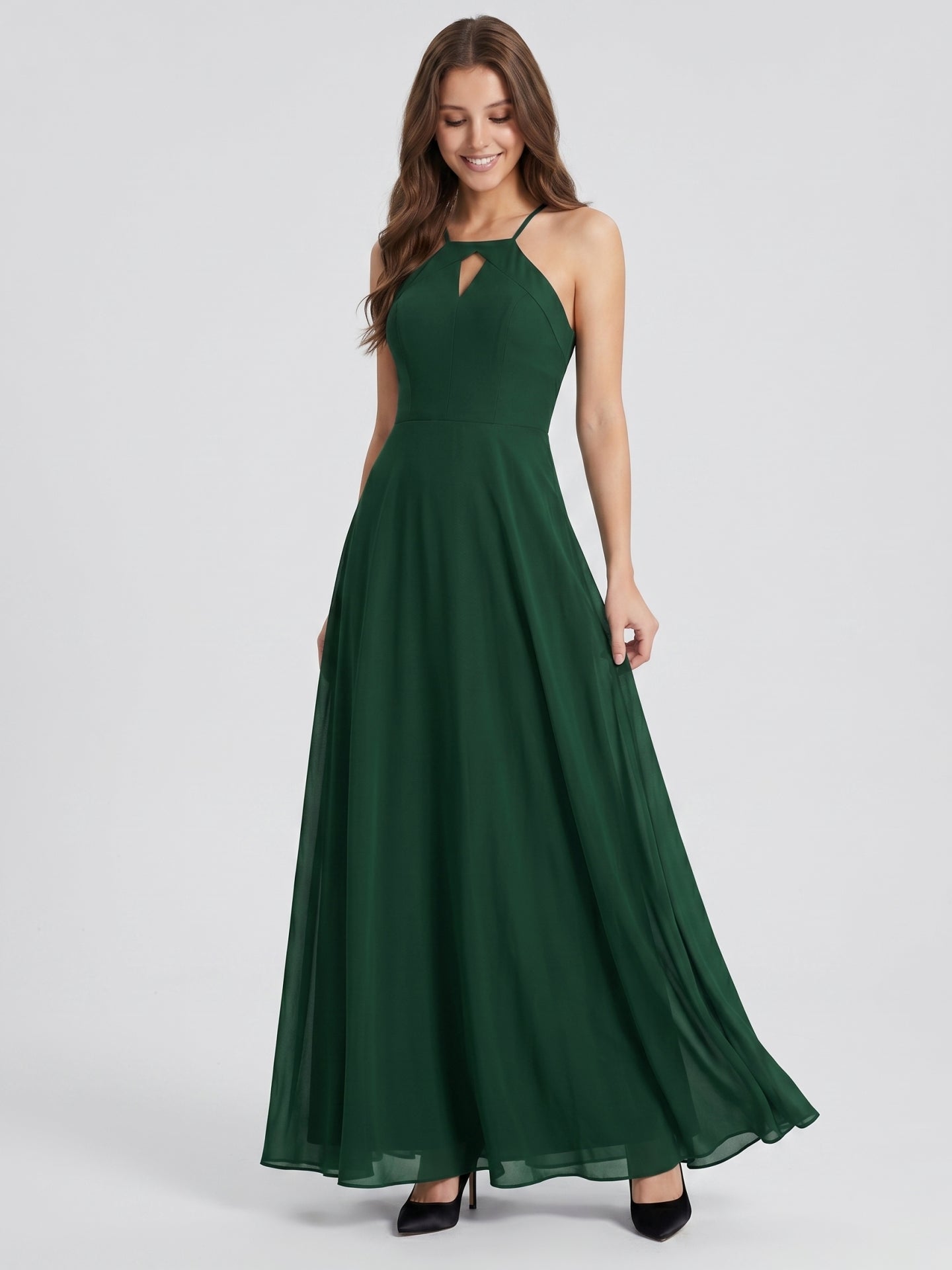 Forest Green Chiffon A-Line Halter Backless Floor-Length Bridesmaid Dress