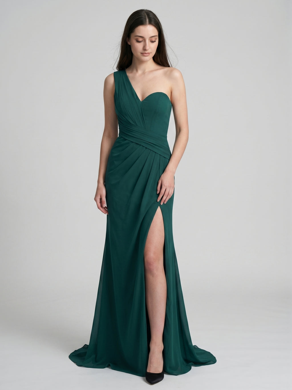 Peacock Chiffon Sheath One Shoulder Back Zip Floor-Length Pleated Bridesmaid Dress