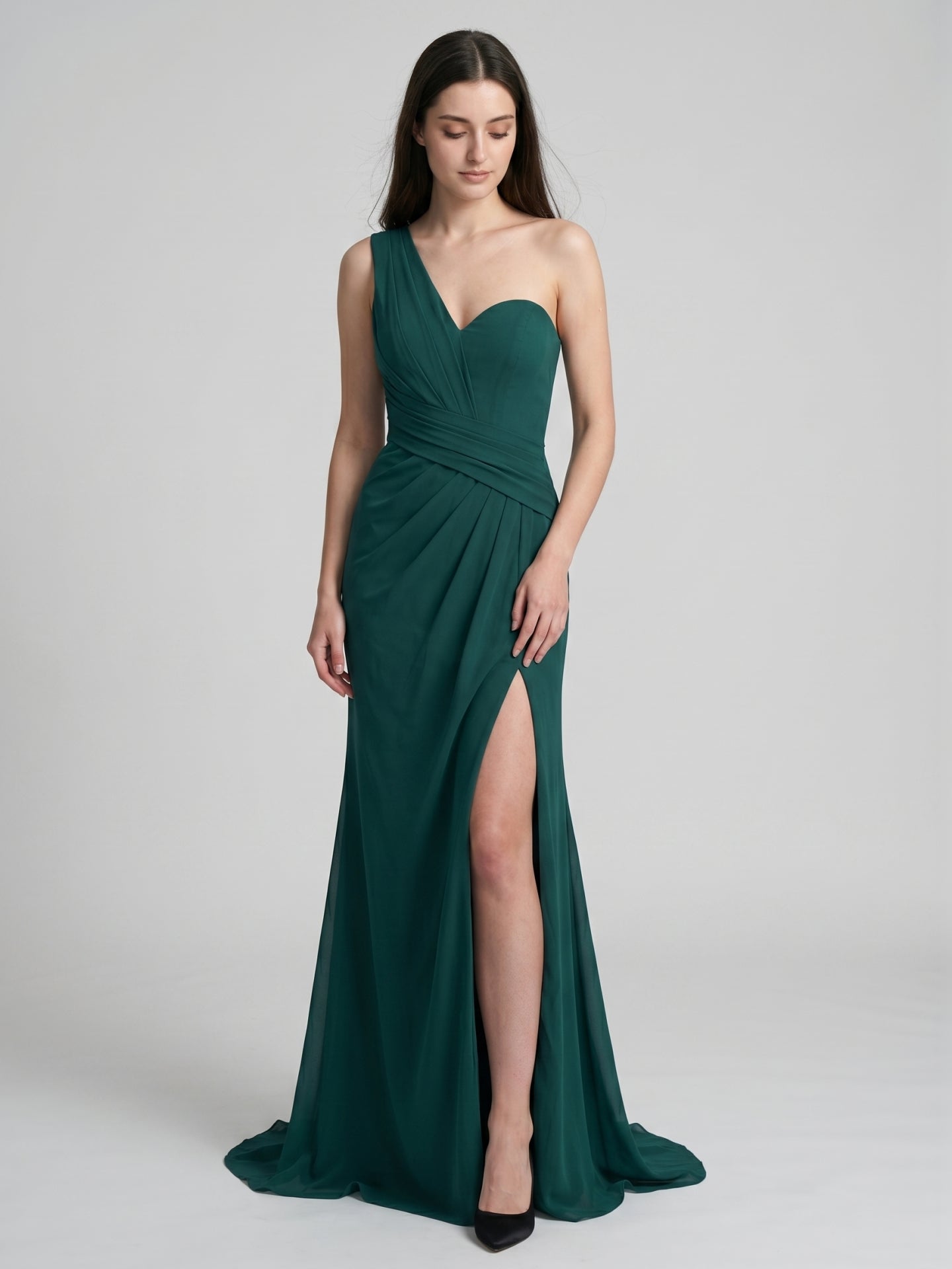 Peacock Chiffon Sheath One Shoulder Back Zip Floor-Length Pleated Bridesmaid Dress