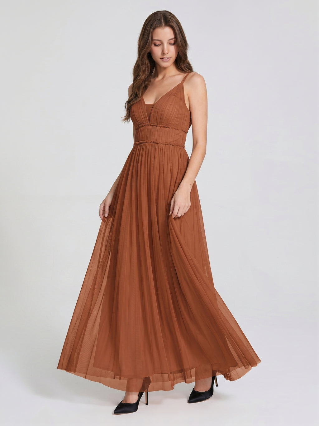 Terracotta Tulle A-Line V-Neck Backless Floor-Length Pleated Bridesmaid Dress