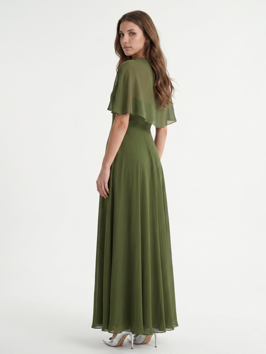 Olive Green Chiffon A-Line Straight Neck Backless Floor-Length Bridesmaid Dress with Cape