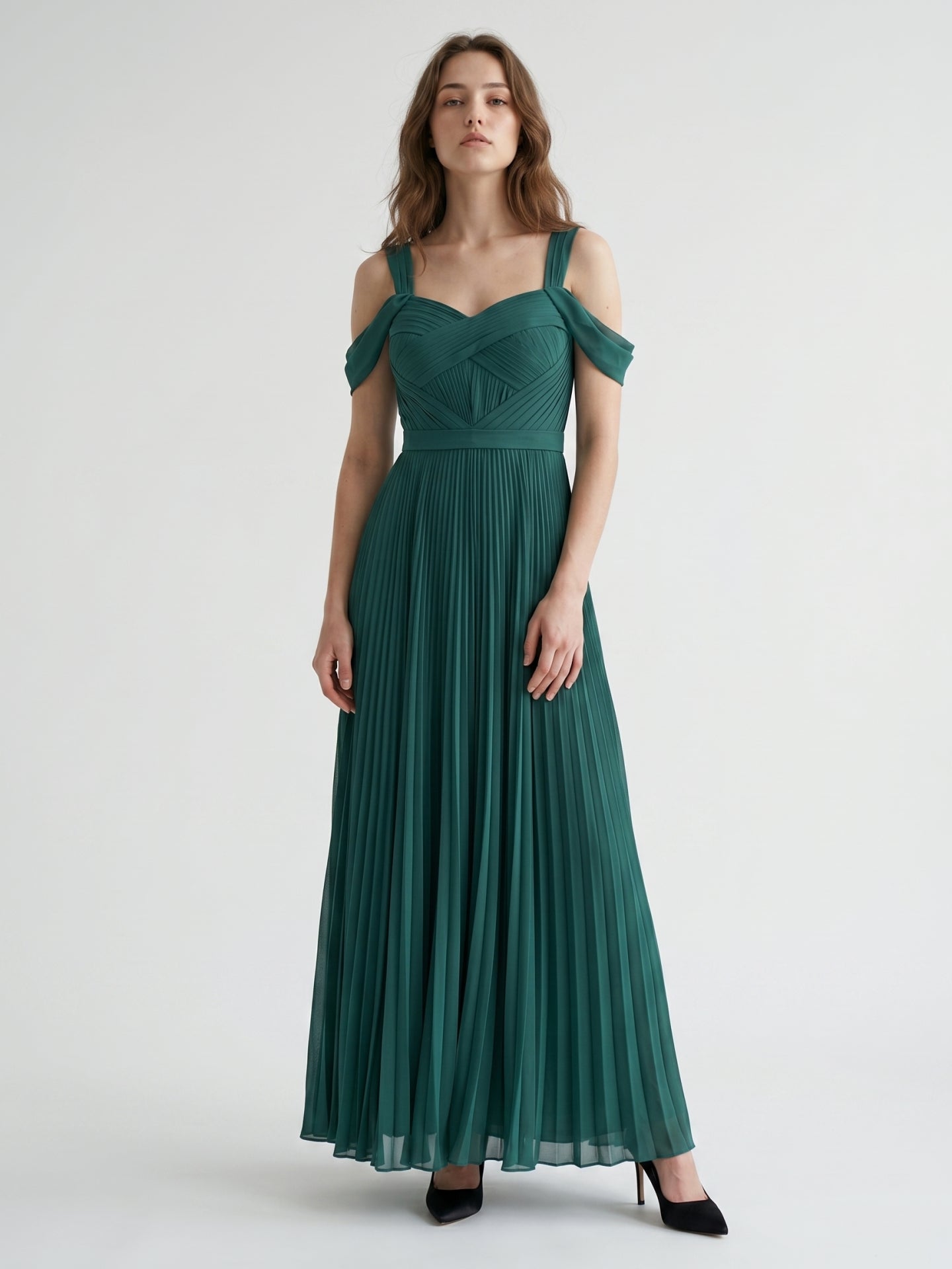 Peacock Chiffon A-Line Off-the-Shoulder Backless Floor-Length Pleated Dress