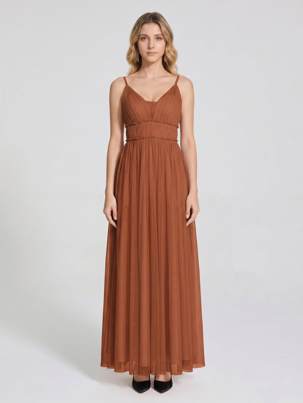 Terracotta Tulle A-Line V-Neck Backless Floor-Length Pleated Bridesmaid Dress