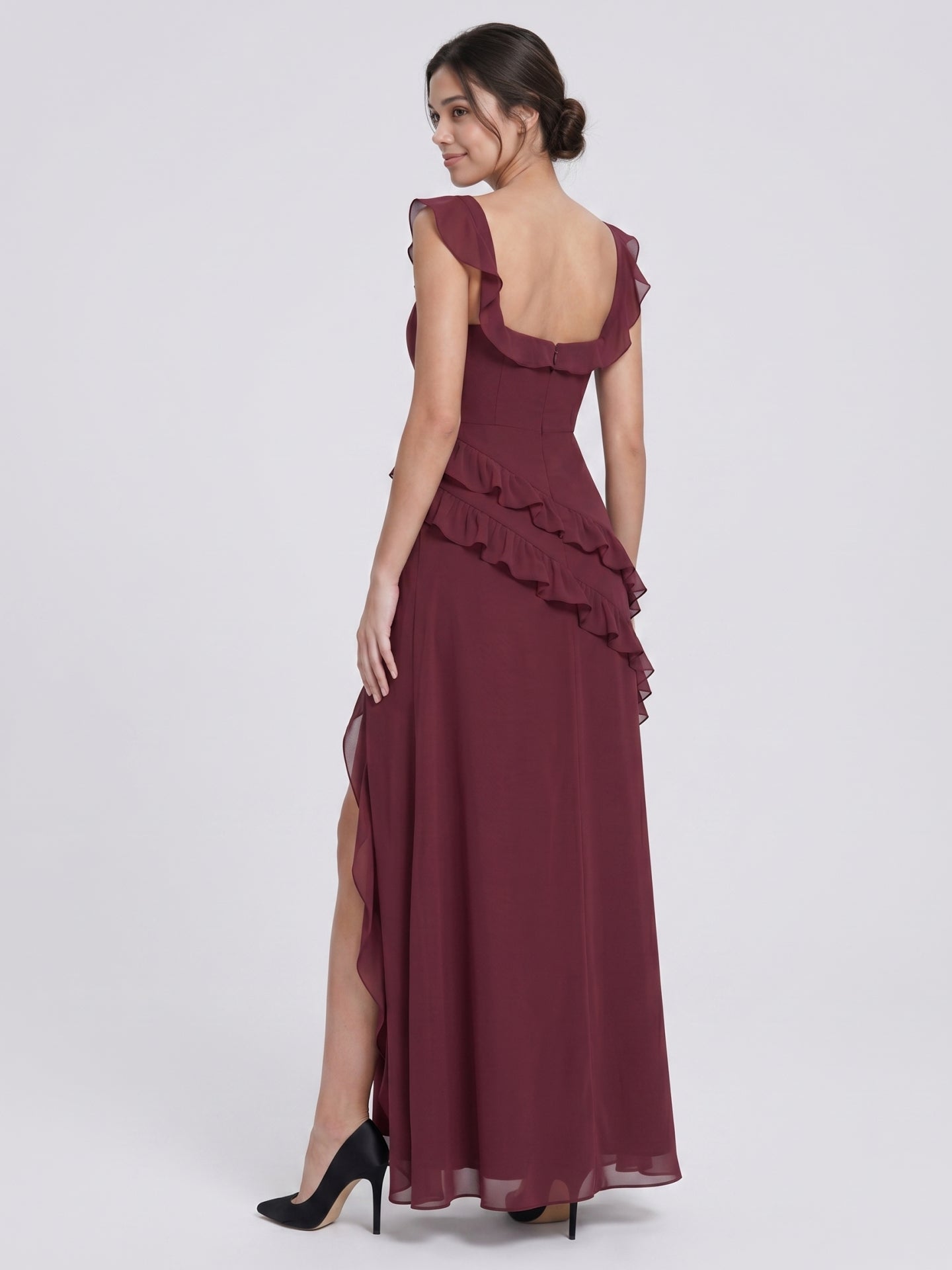 Elegant Cabernet Chiffon A-Line Square Neck Back Zip Ruffle Ankle-Length Bridesmaid Dress