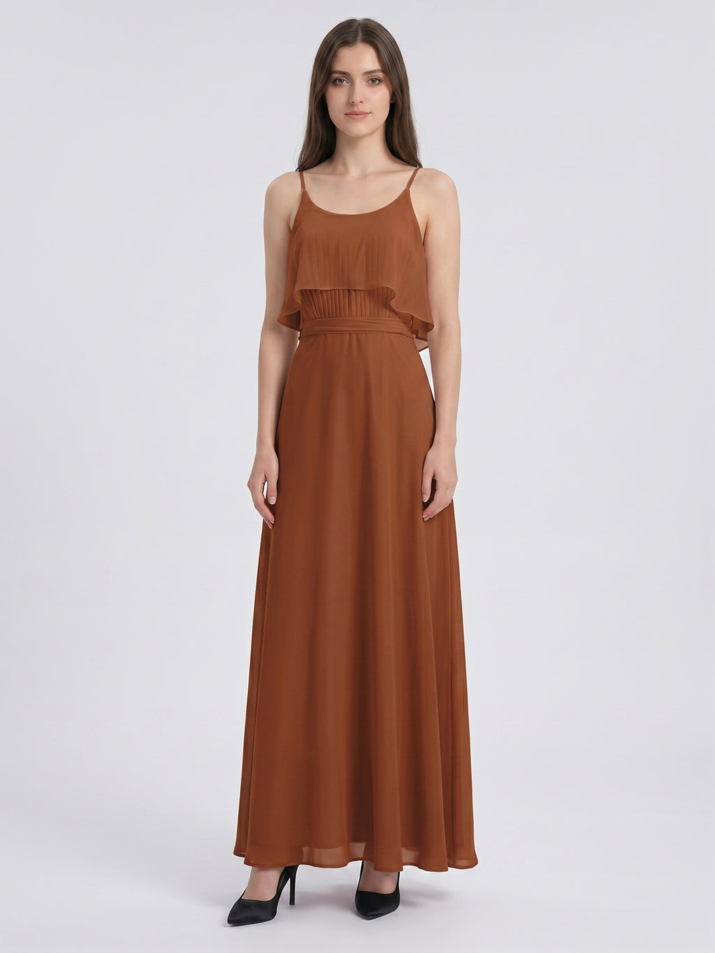 Terracotta Chiffon Sheath Scoop Neck Backless Floor-Length Bridesmaid Dress with Bow