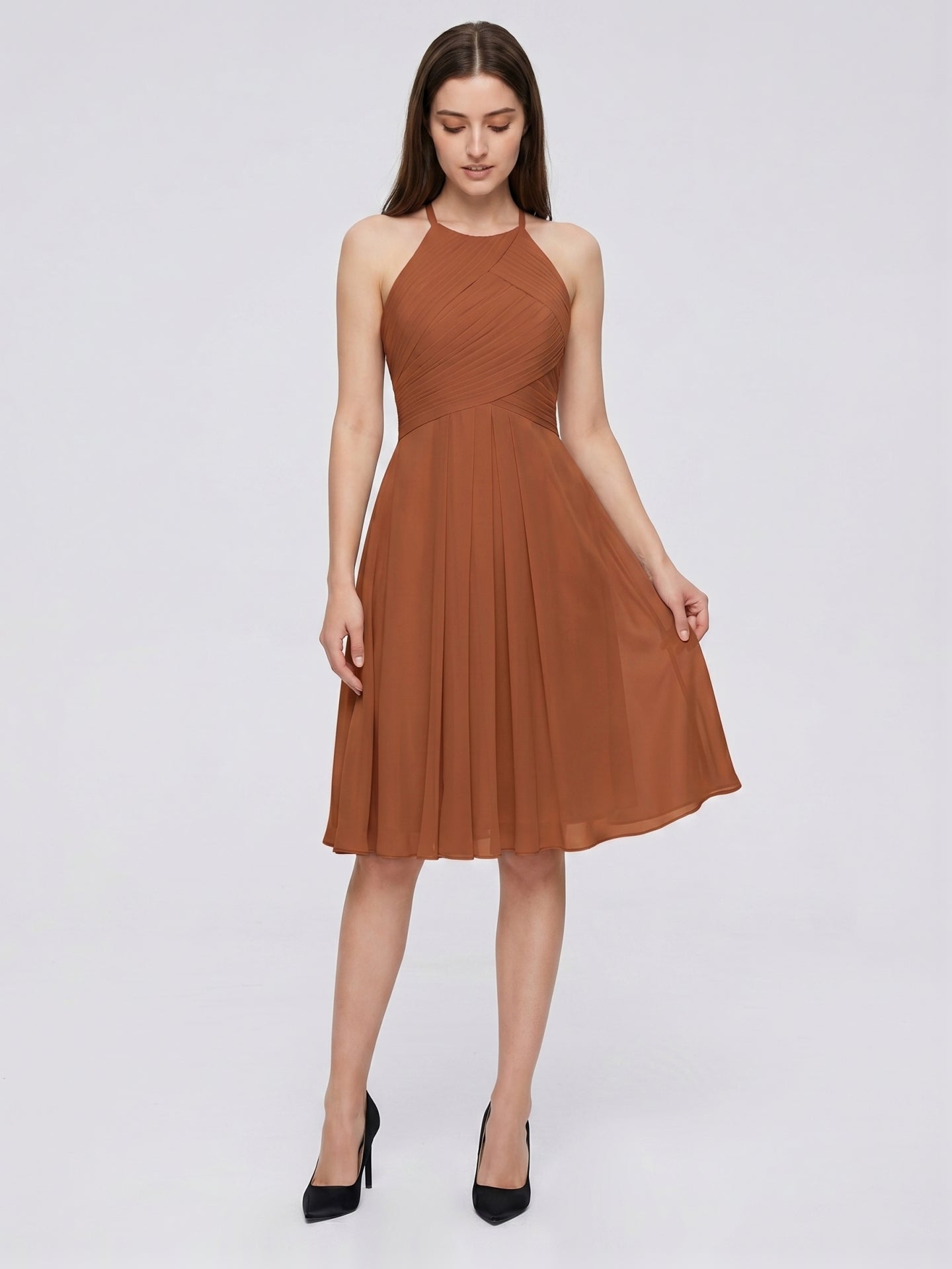 Terracotta Chiffon A-Line Halter Keyhole Back Knee-Length Pleated Bridesmaid Dress