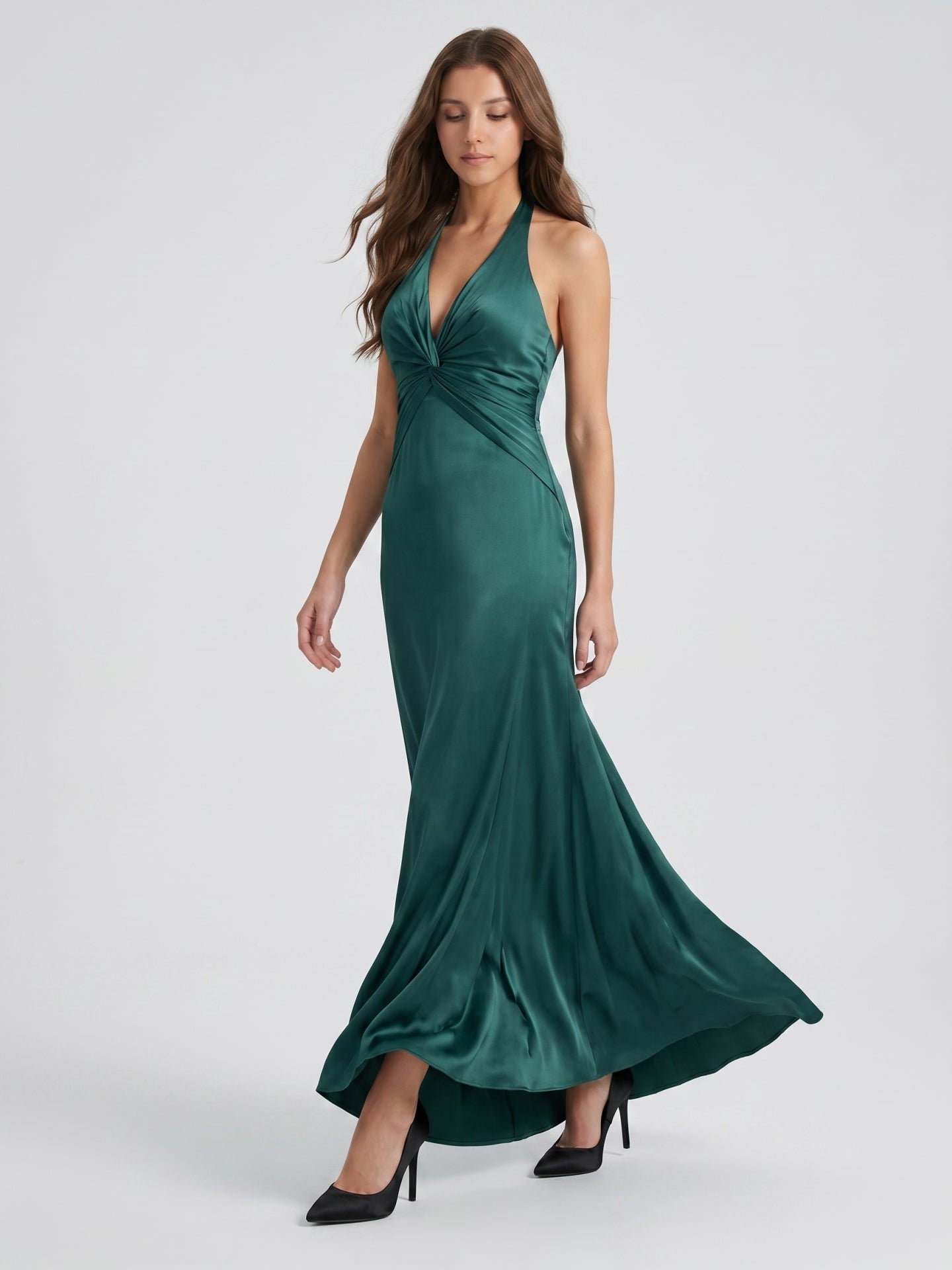 Peacock Satin Sheath Halter Backless Floor-Length Bridesmaid Dress