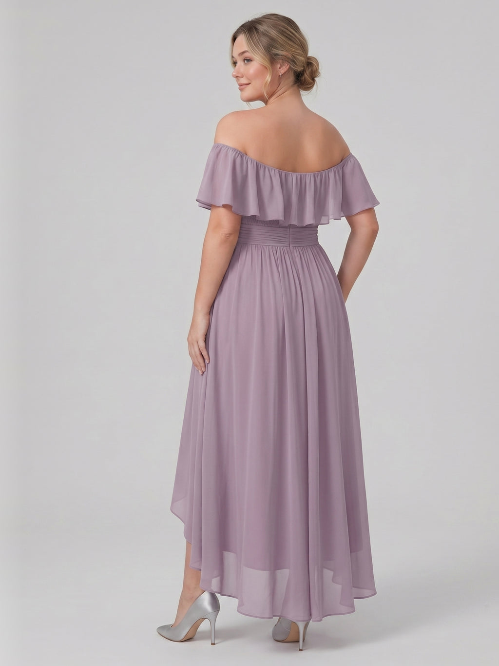 Sweet & Flowy lavender Chiffon A-Line Off-the-Shoulder Backless Asymmetrical Plus Size Bridesmaid Dress