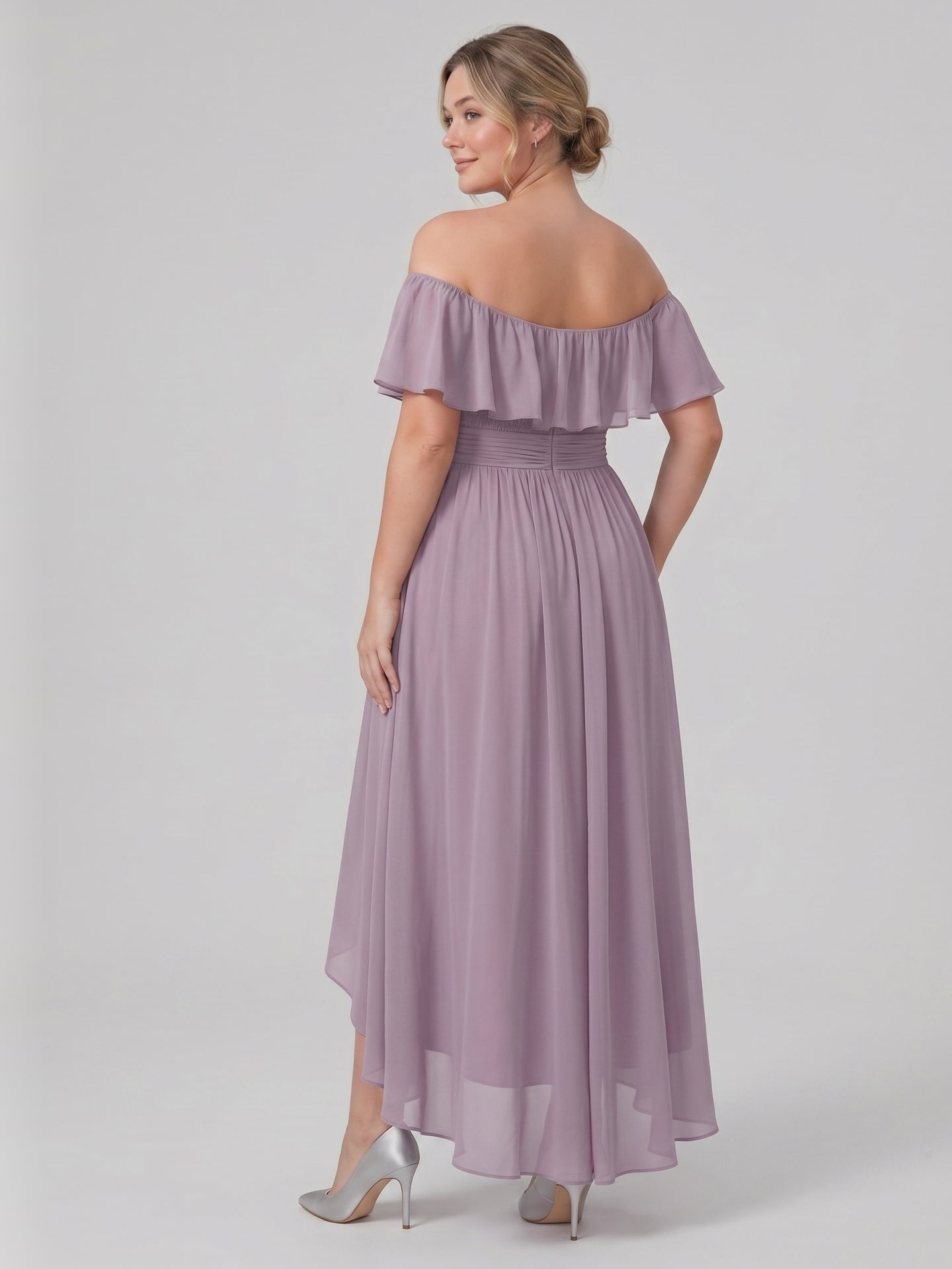 Sweet & Flowy lavender Chiffon A-Line Off-the-Shoulder Backless Asymmetrical Plus Size Bridesmaid Dress