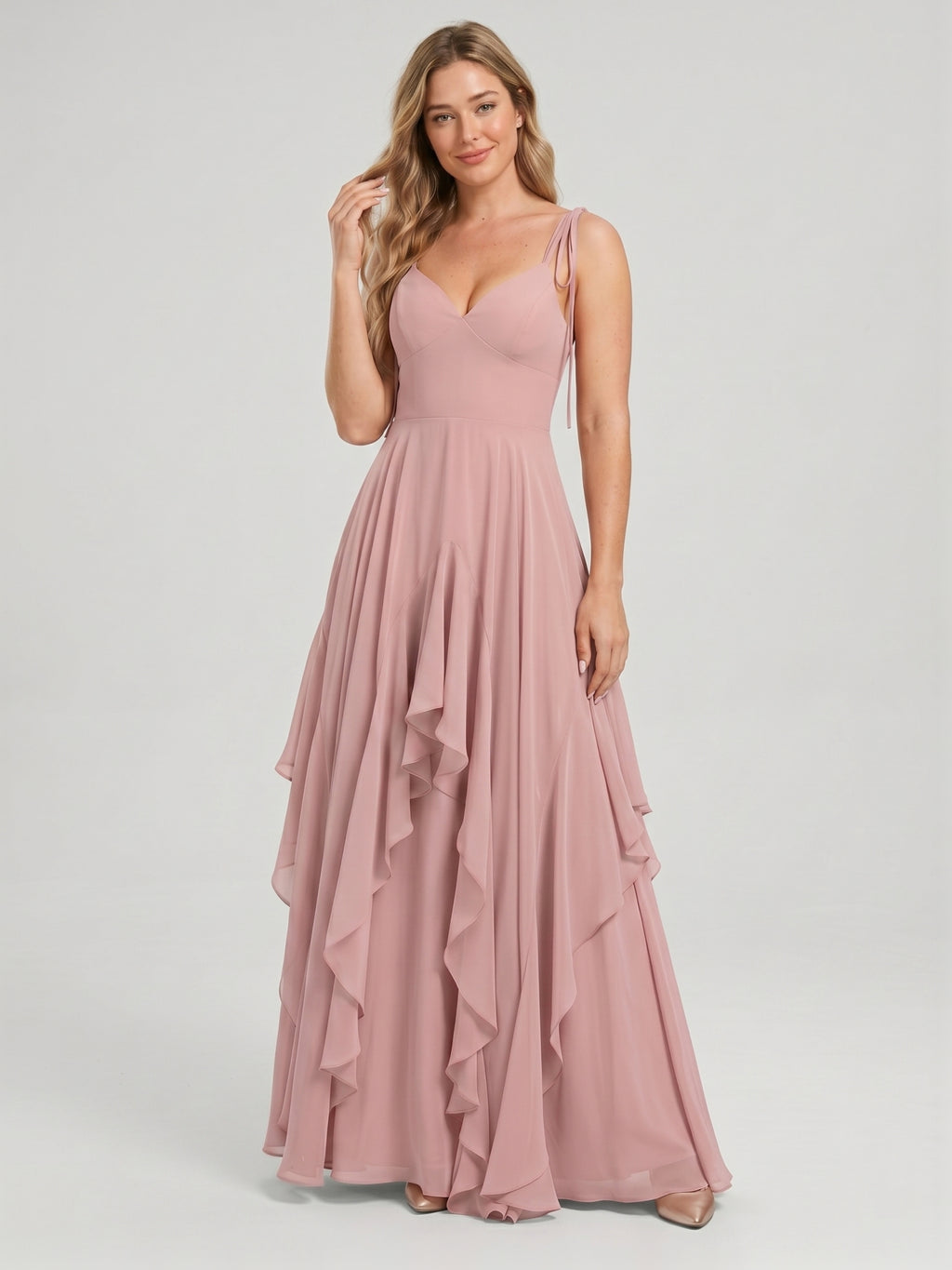 Sweet & Flowy Dusty Rose Chiffon A-Line V-Neck Back Zip with Ruffle Ankle-Length Bridesmaid Dress