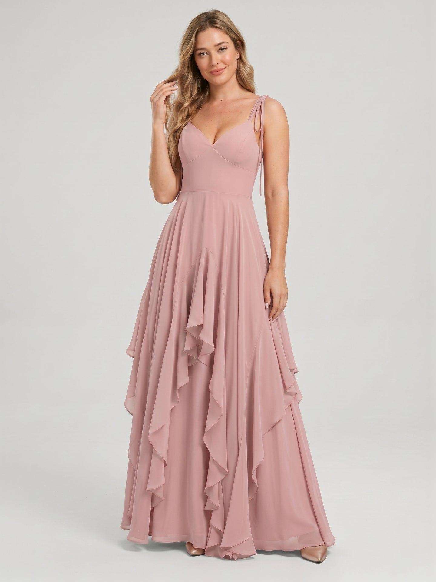 Sweet & Flowy Dusty Rose Chiffon A-Line V-Neck Back Zip with Ruffle Ankle-Length Bridesmaid Dress