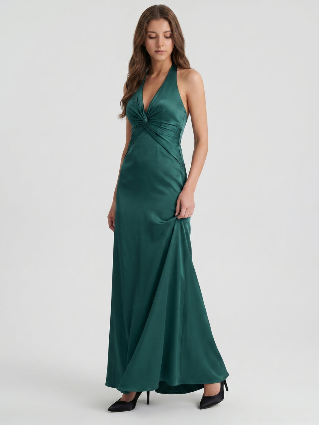 Peacock Satin Sheath Halter Backless Floor-Length Bridesmaid Dress