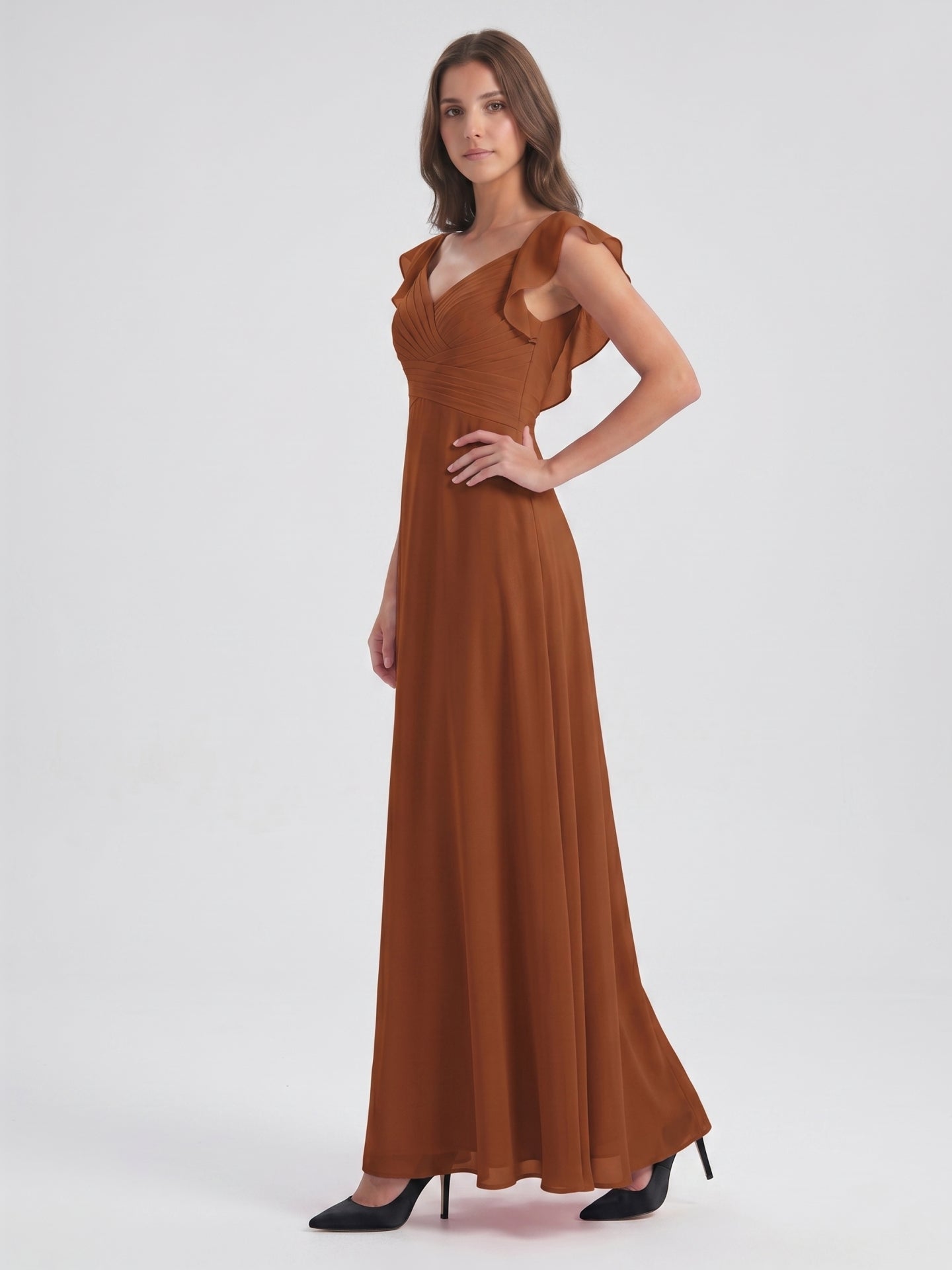 Terracotta Chiffon Sheath V-Neck Backless Floor-Length Ruffle Bridesmaid Dress