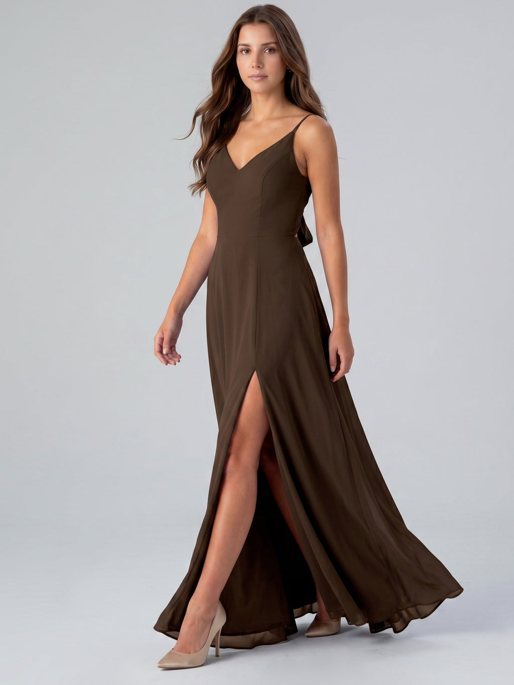 Mocha Chiffon A-Line V-Neck Lace-Up Back Floor-Length Bridesmaid Dress with Bow