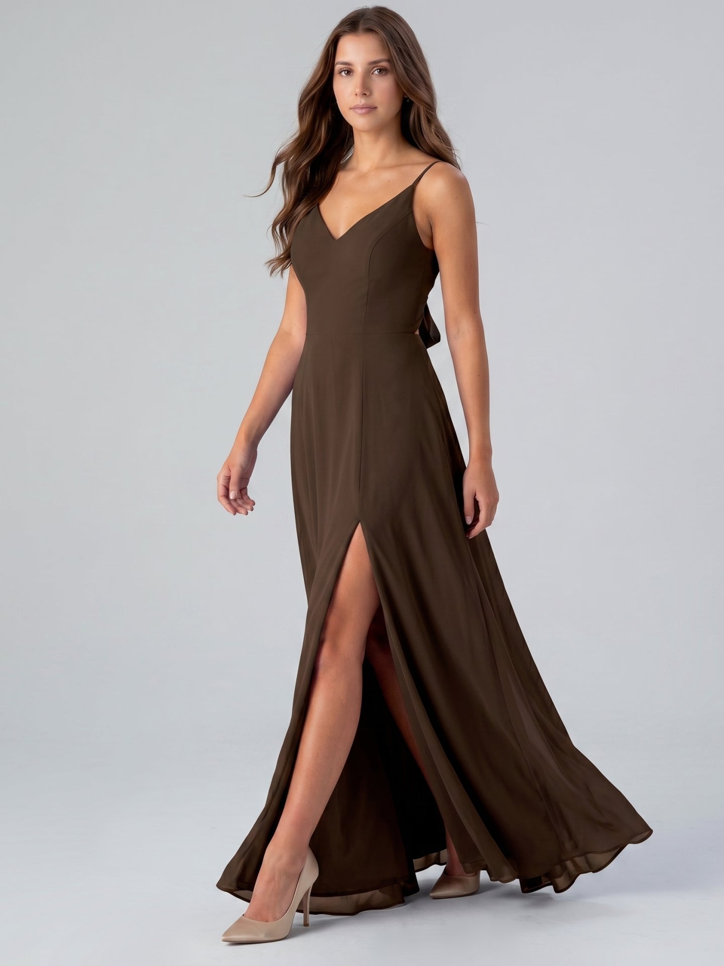 Mocha Chiffon A-Line V-Neck Lace-Up Back Floor-Length Bridesmaid Dress with Bow