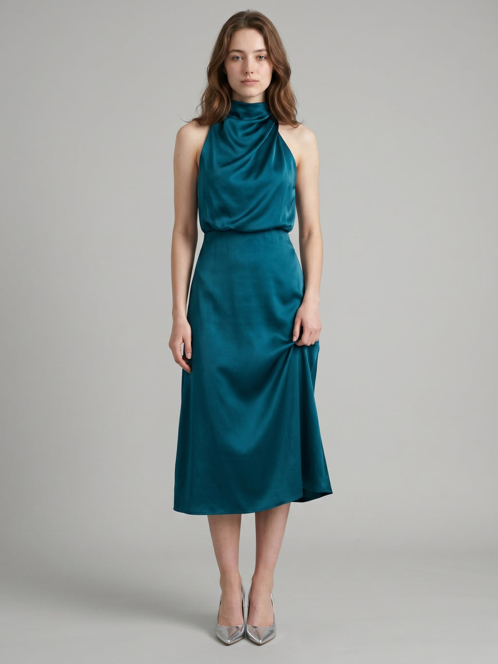 Teal Satin Sheath Scoop Neck Back Zip Tea-Length Bridesmaid Dress