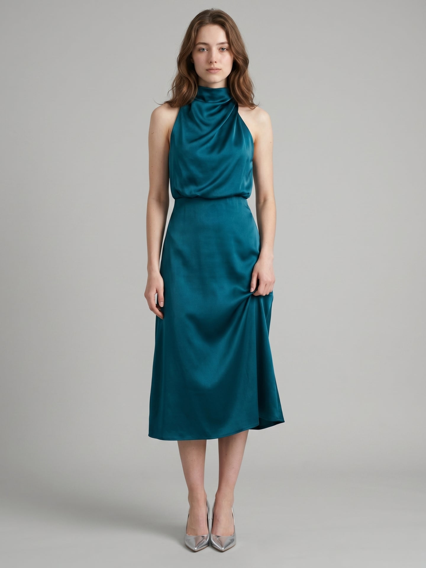 Teal Satin Sheath Scoop Neck Back Zip Tea-Length Bridesmaid Dress