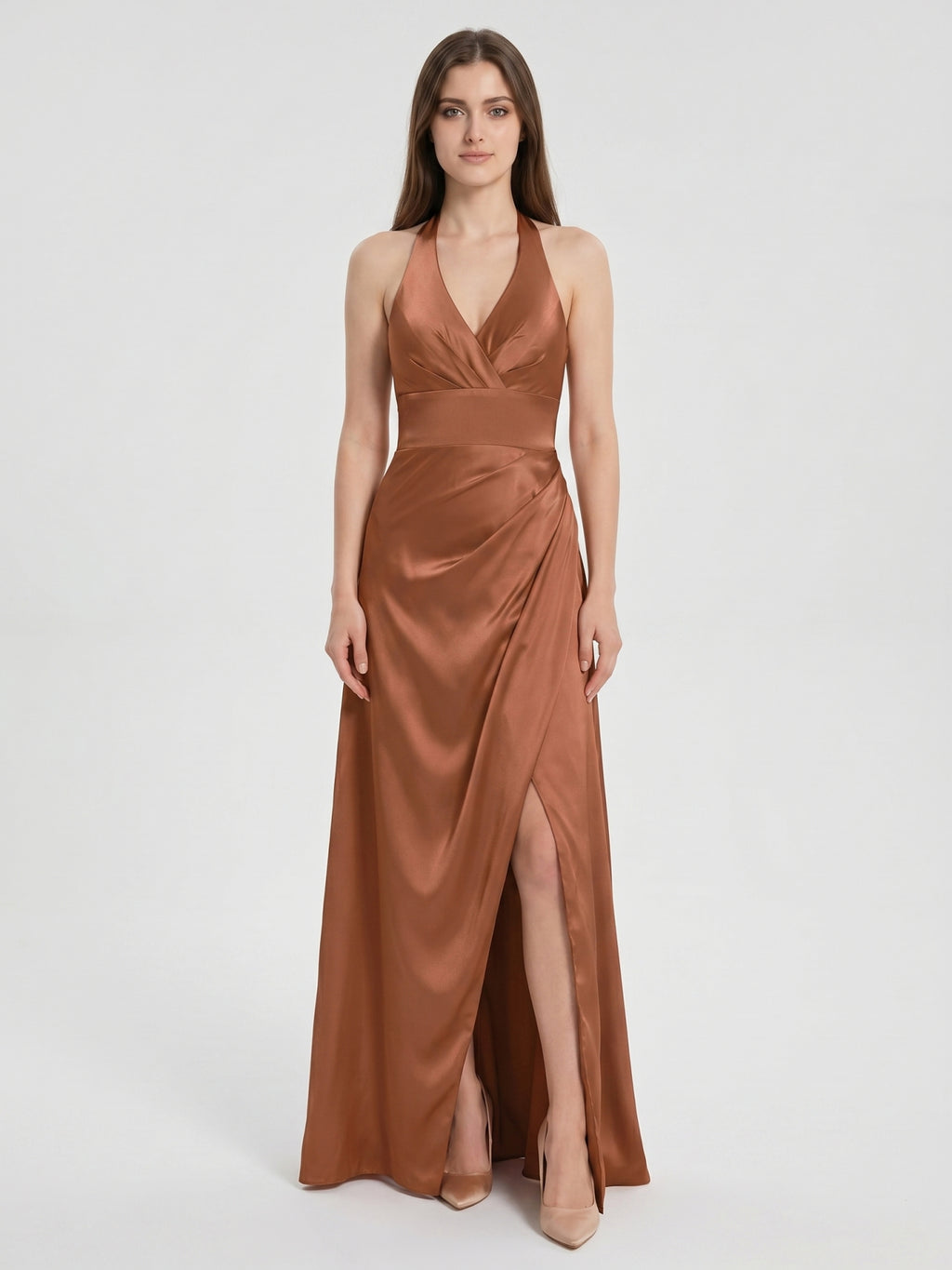 Terracotta Satin A-Line Halter Backless Floor-Length Pleated Bridesmaid Dress