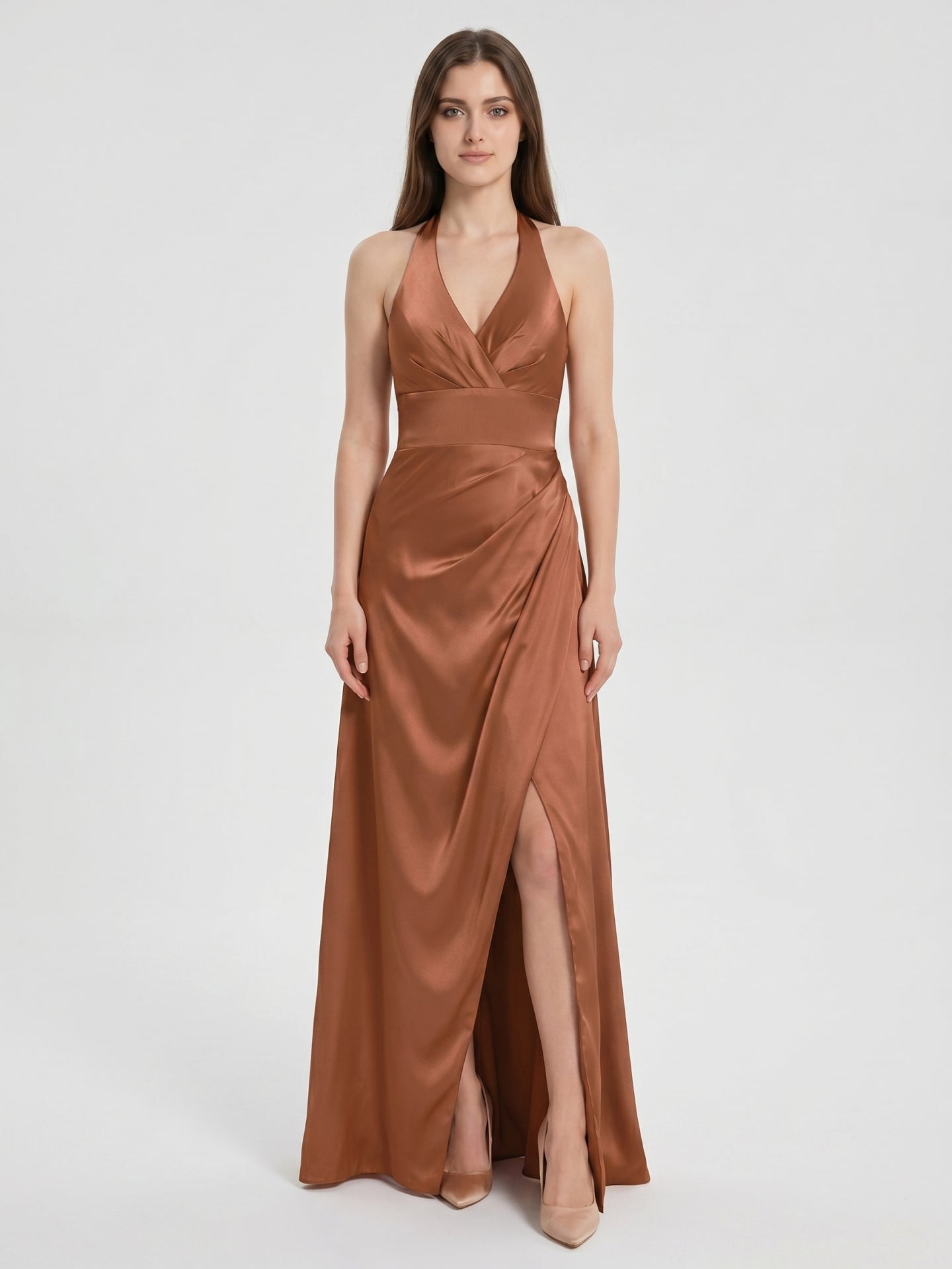 Terracotta Satin A-Line Halter Backless Floor-Length Pleated Bridesmaid Dress