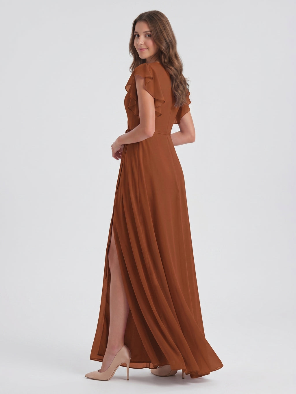 Terracotta Chiffon Sheath V-Neck Back Zip Floor-Length Ruffle Bridesmaid Dress