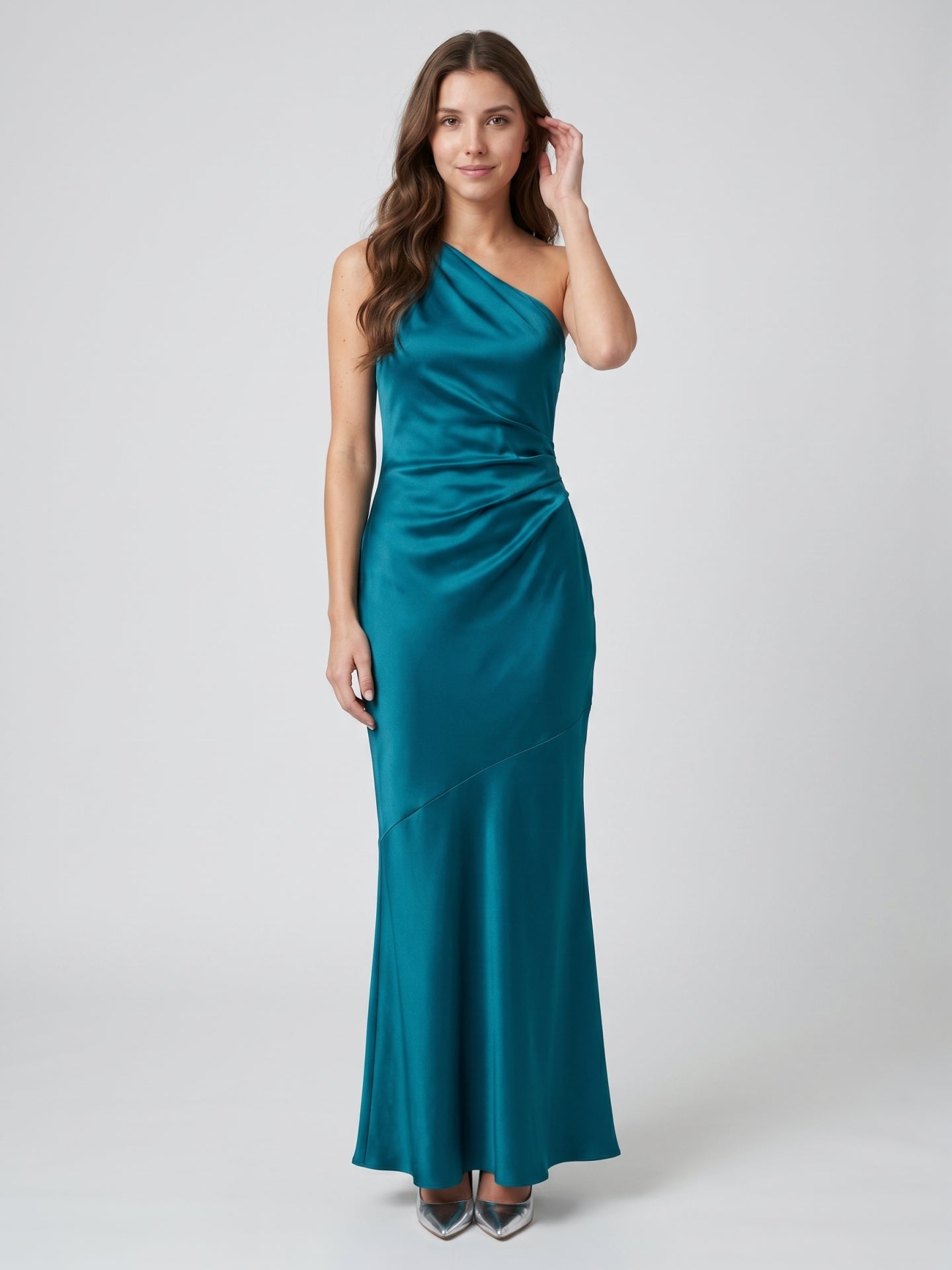Elegant Teal Satin column One Shoulder Backless Ankle-Length Bridesmaid Dress