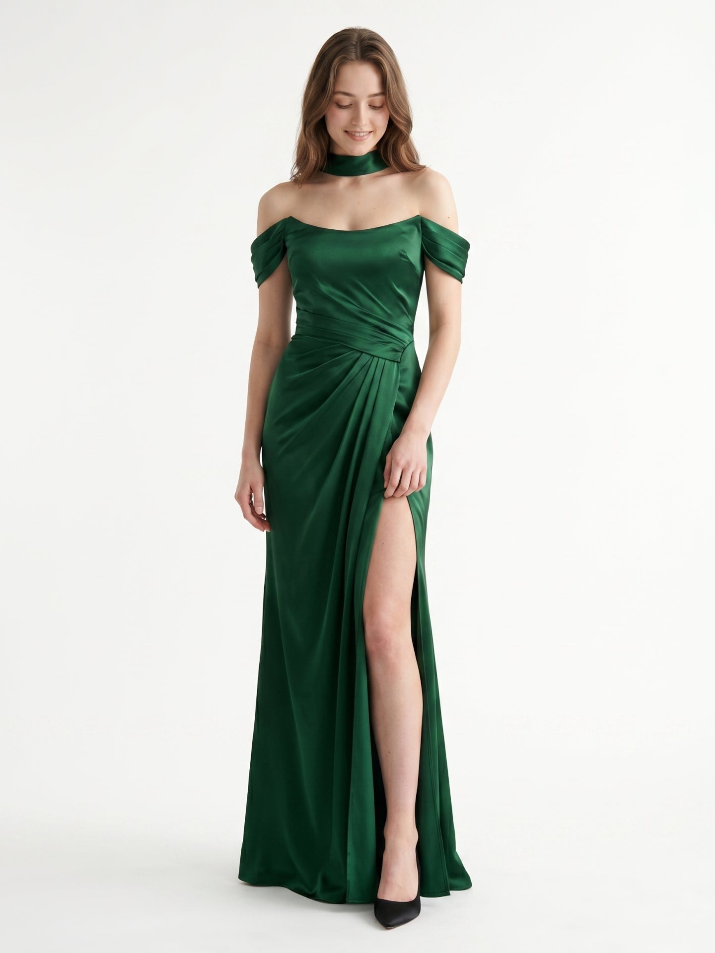 Emerald Satin Sheath Off-the-Shoulder Lace-Up Back Floor-Length Bridesmaid Dress with Bow
