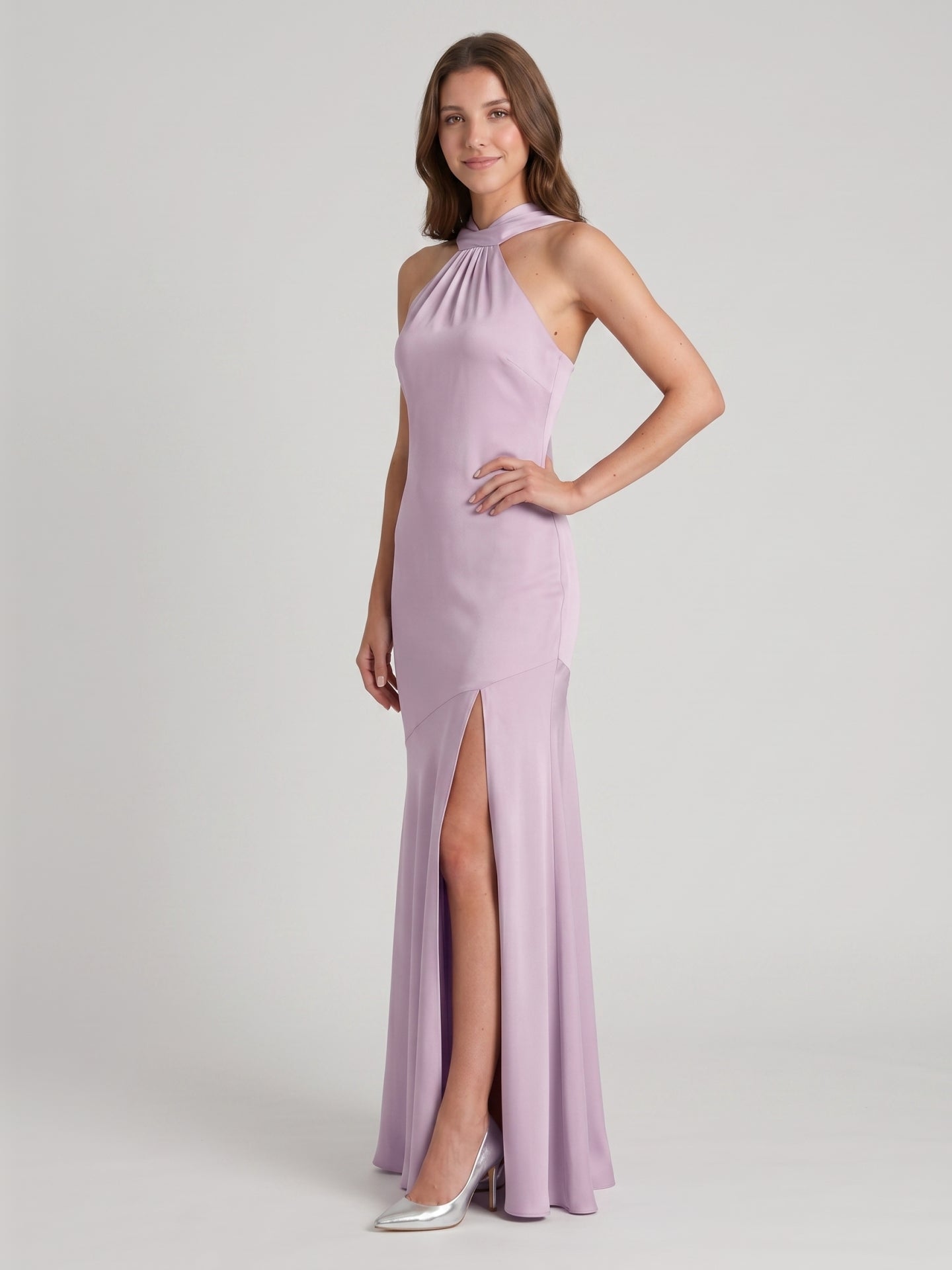 Elegant Lavender Matte Satin Sheath Halter neckline Back Zip Ankle-Length Bridesmaid Dress