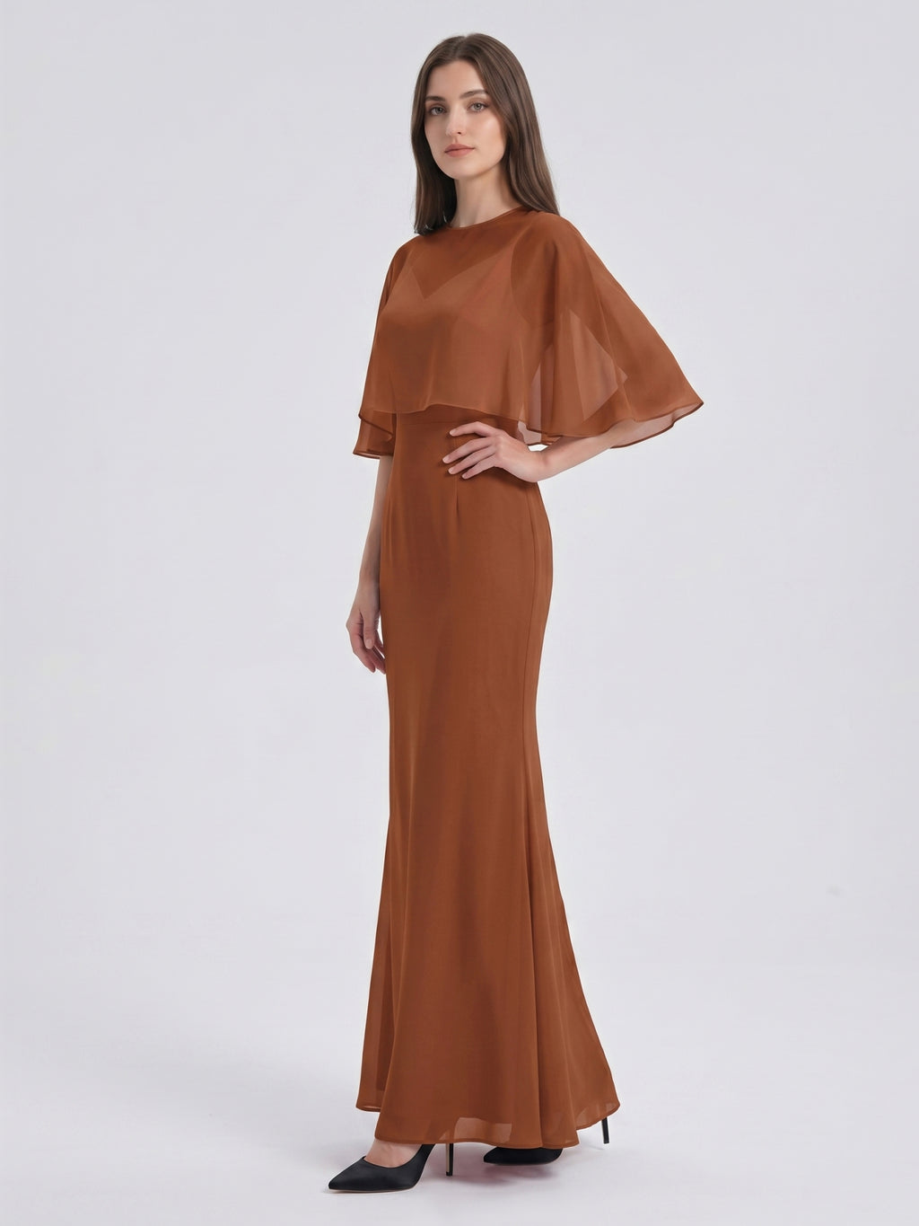 Terracotta Chiffon Mermaid Sweetheart Back Zip Floor-Length Bridesmaid Dress with Cape