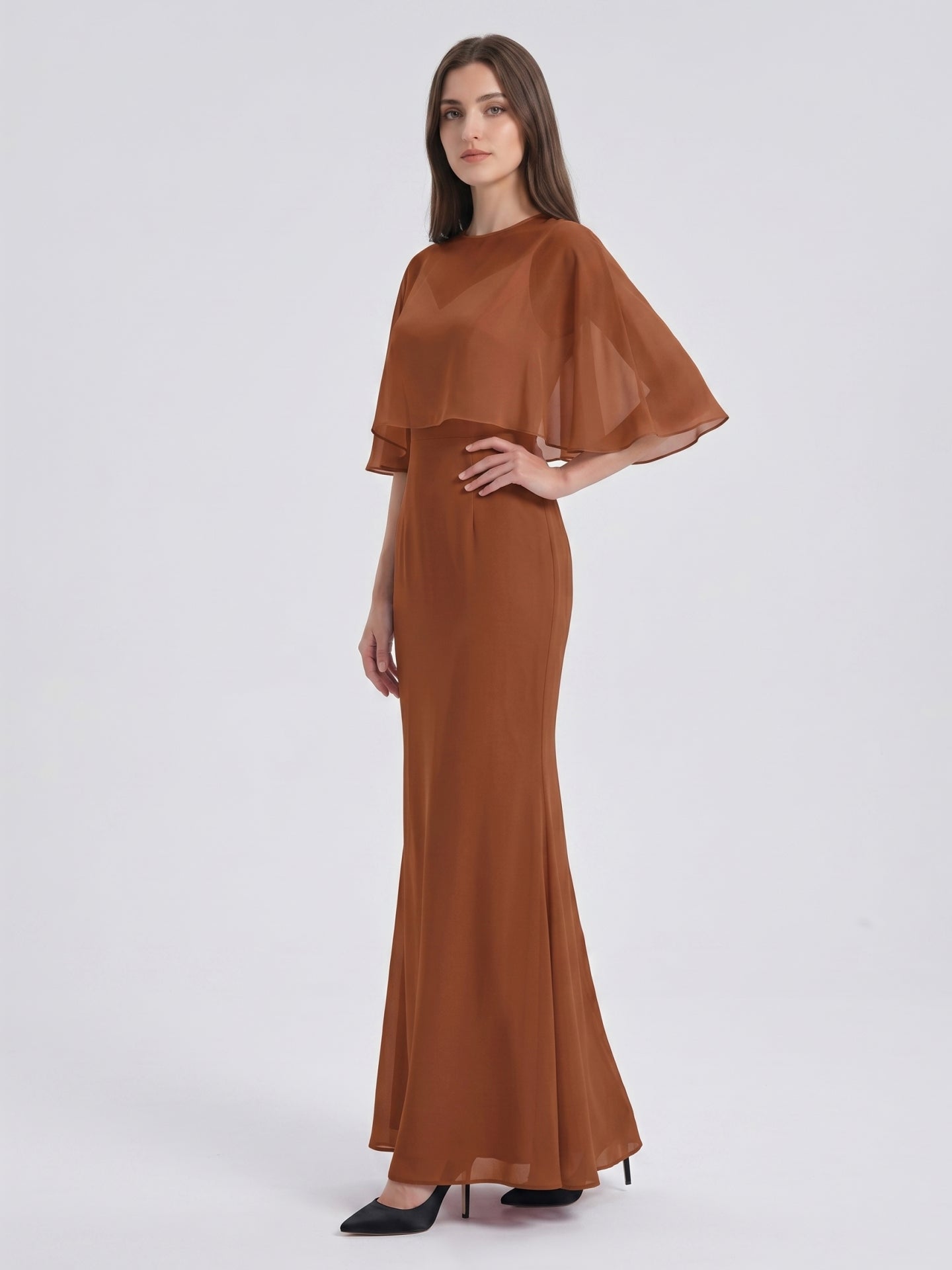 Terracotta Chiffon Mermaid Sweetheart Back Zip Floor-Length Bridesmaid Dress with Cape