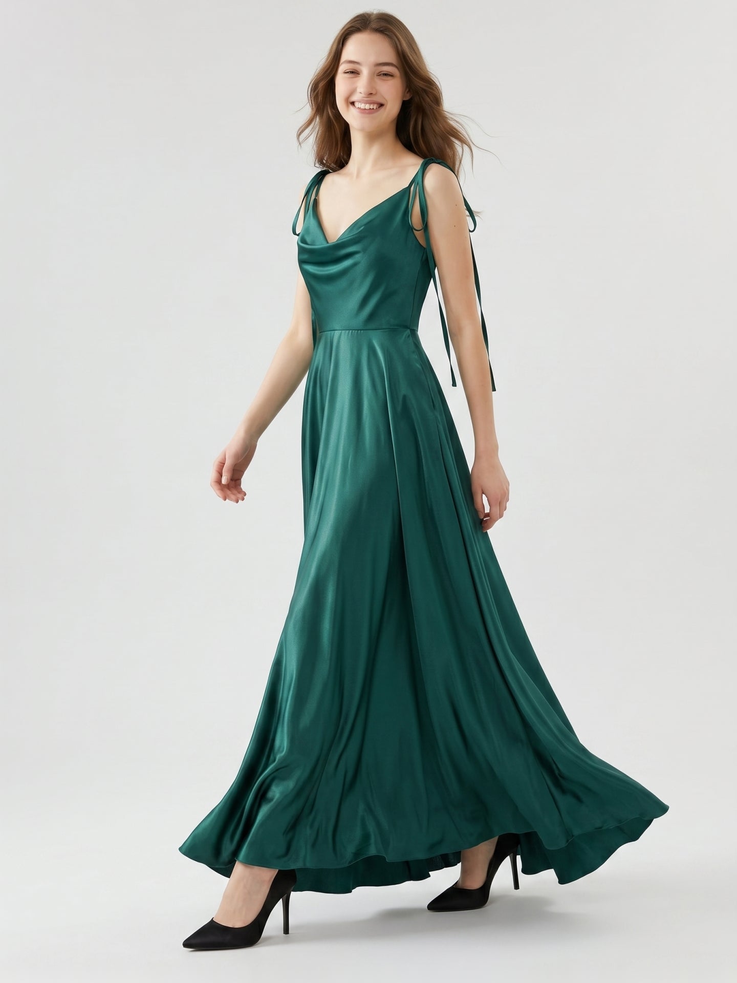 Peacock Satin A-Line Cowl Neck Back Zip Floor-Length Bridesmaid Dress with Bow