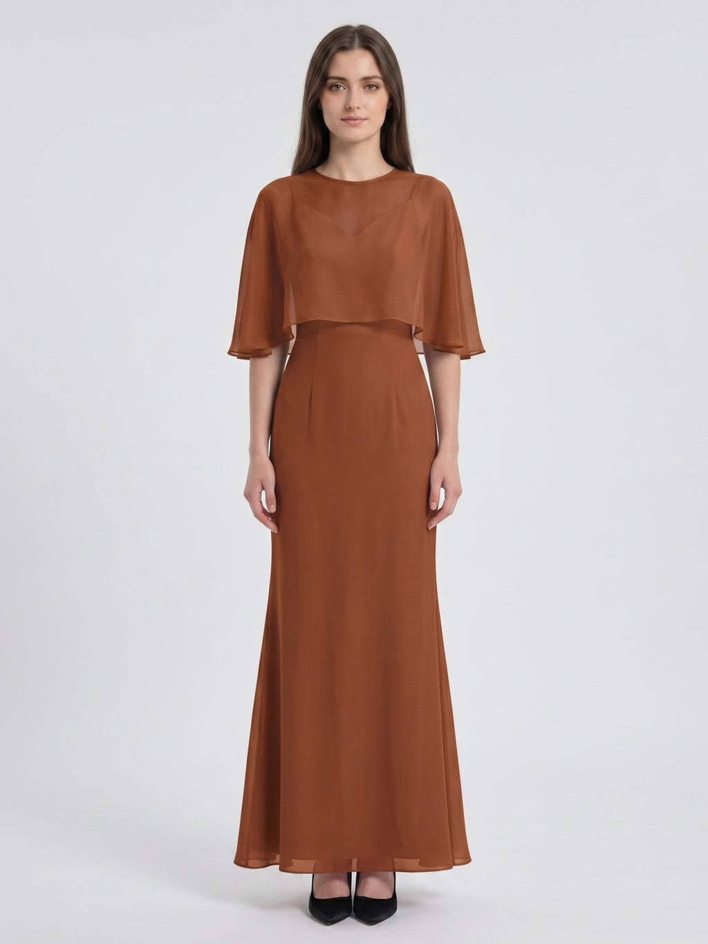 Terracotta Chiffon Mermaid Sweetheart Back Zip Floor-Length Bridesmaid Dress with Cape