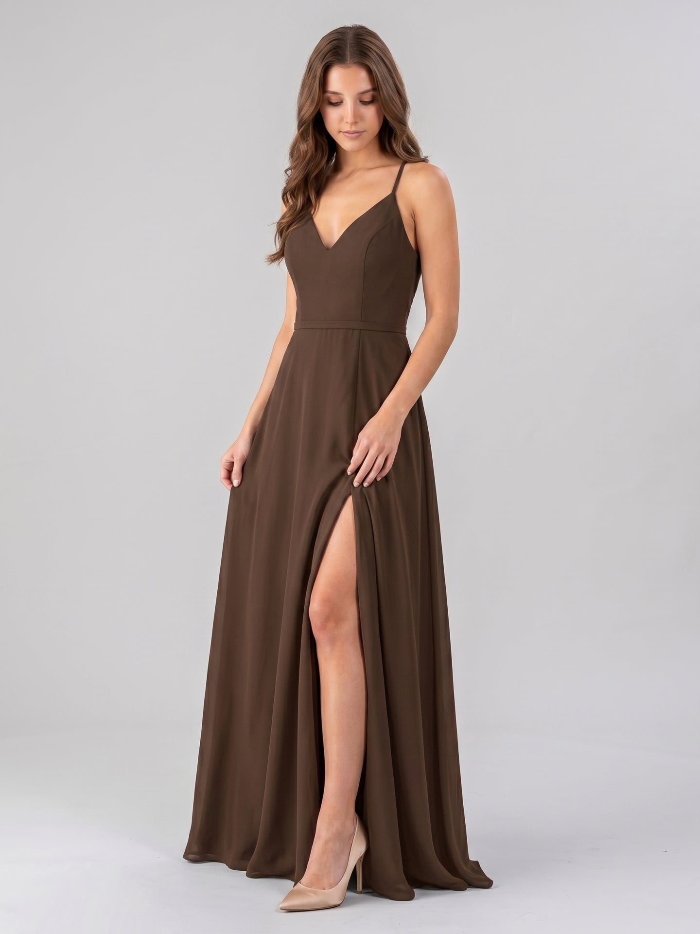 Mocha Chiffon A-Line V-Neck Backless Floor-Length Bridesmaid Dress