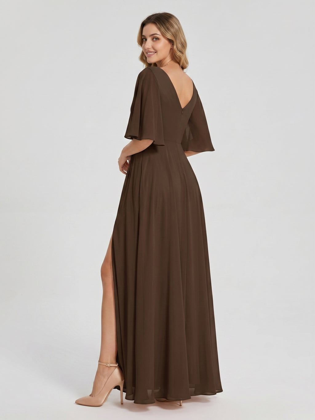 Mocha Chiffon A-Line V-Neck V-Back Ankle-Length Bridesmaid Dress