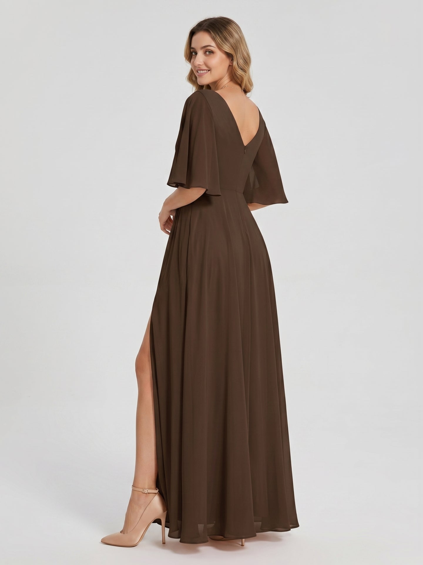 Mocha Chiffon A-Line V-Neck V-Back Ankle-Length Bridesmaid Dress