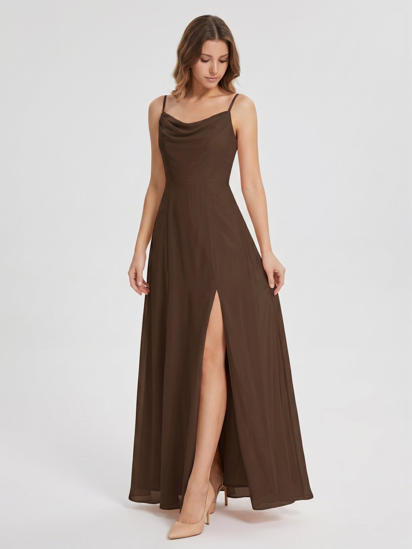 Mocha Chiffon Sheath Cowl Neck Backless Ankle-Length Bridesmaid Dress