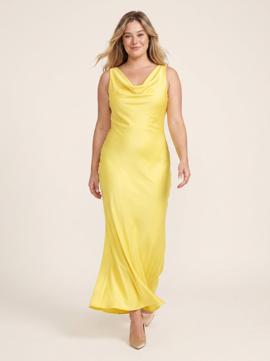 Romantic Lemon Matte Satin A-Line Cowl Neck Backless Ankle-Length  Bridesmaid Dress