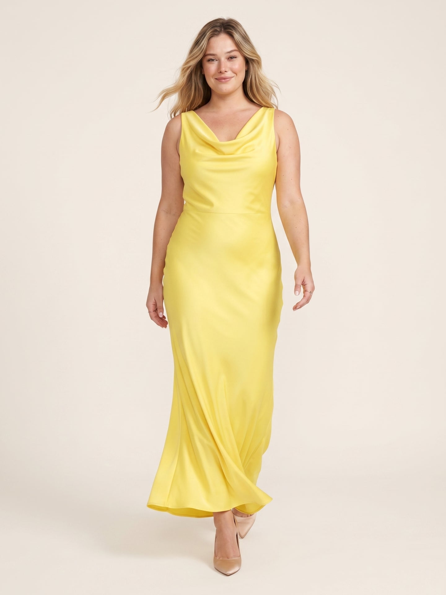 Romantic Lemon Matte Satin A-Line Cowl Neck Backless Ankle-Length  Bridesmaid Dress
