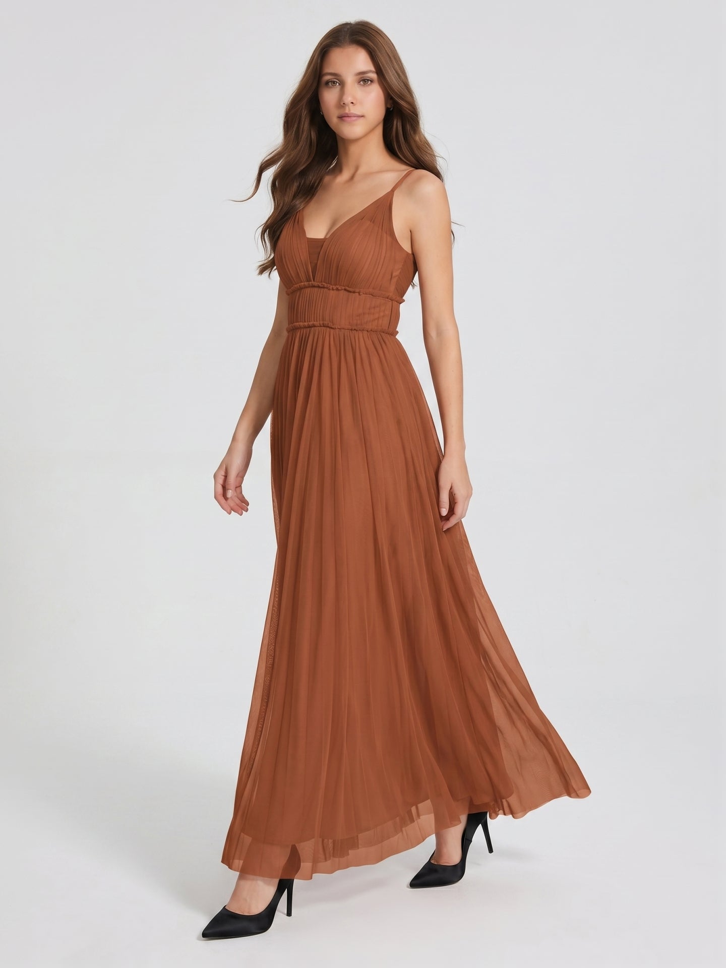 Terracotta Tulle A-Line V-Neck Backless Floor-Length Pleated Bridesmaid Dress