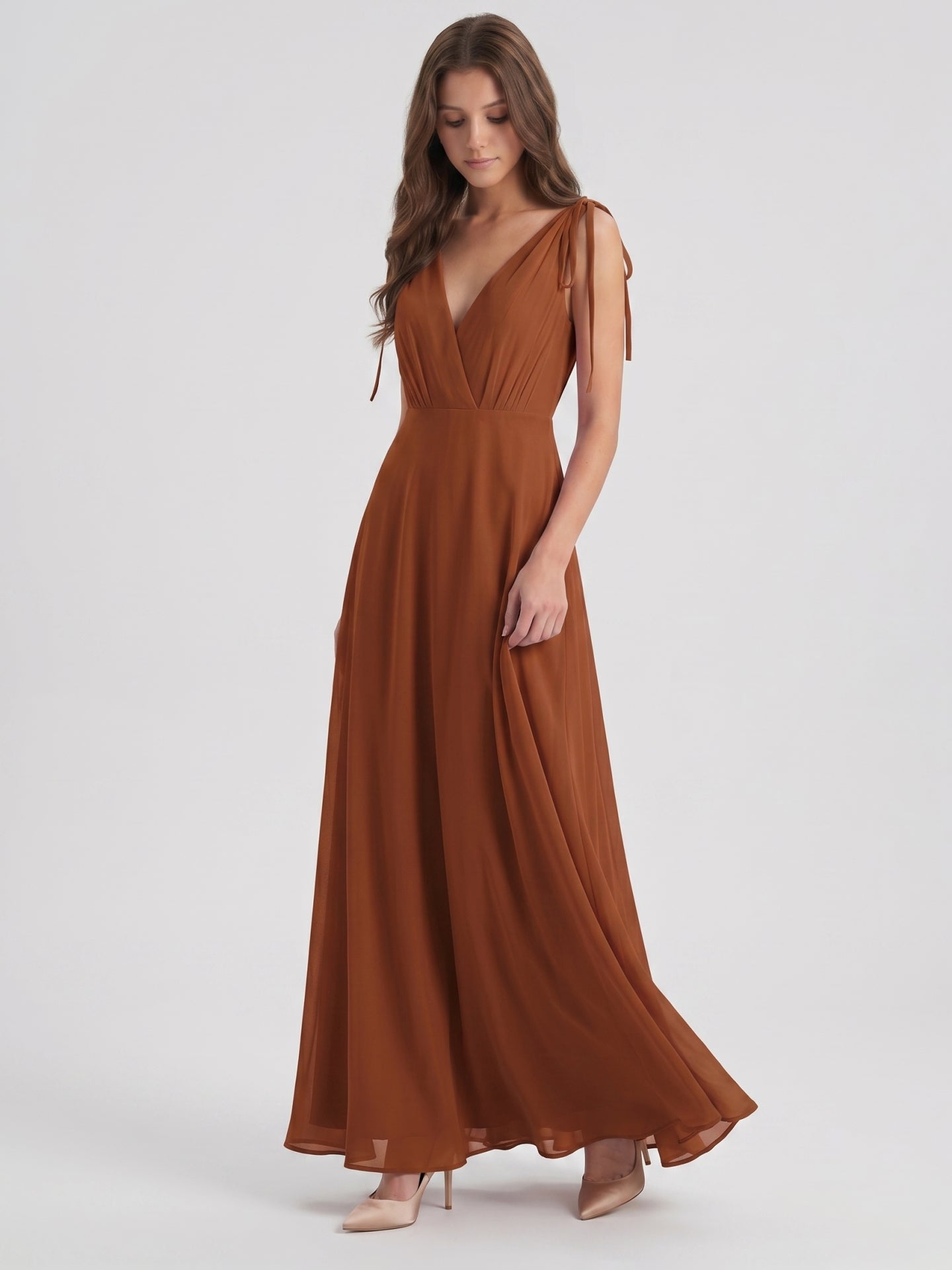 Terracotta Chiffon A-Line V-Neck Backless Floor-Length Bridesmaid Dress with Bow