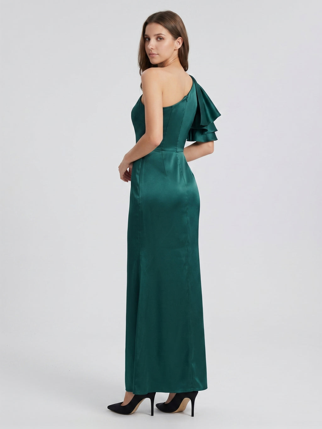 Peacock Satin Sheath One Shoulder Back Zip Floor-Length Ruffle Bridesmaid Dress
